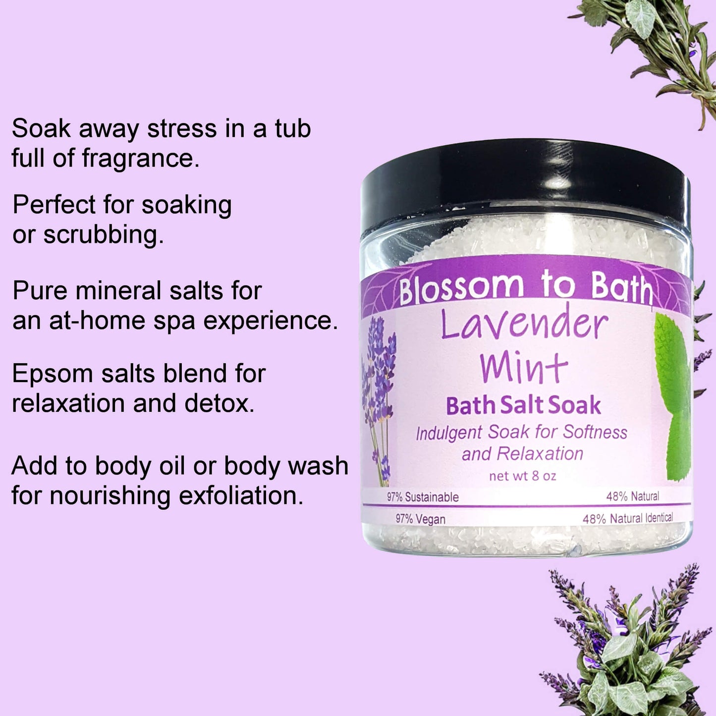 Lavender Mint Bath Salt Soak (8 ounce) - Pure Essential Oil Fragrance