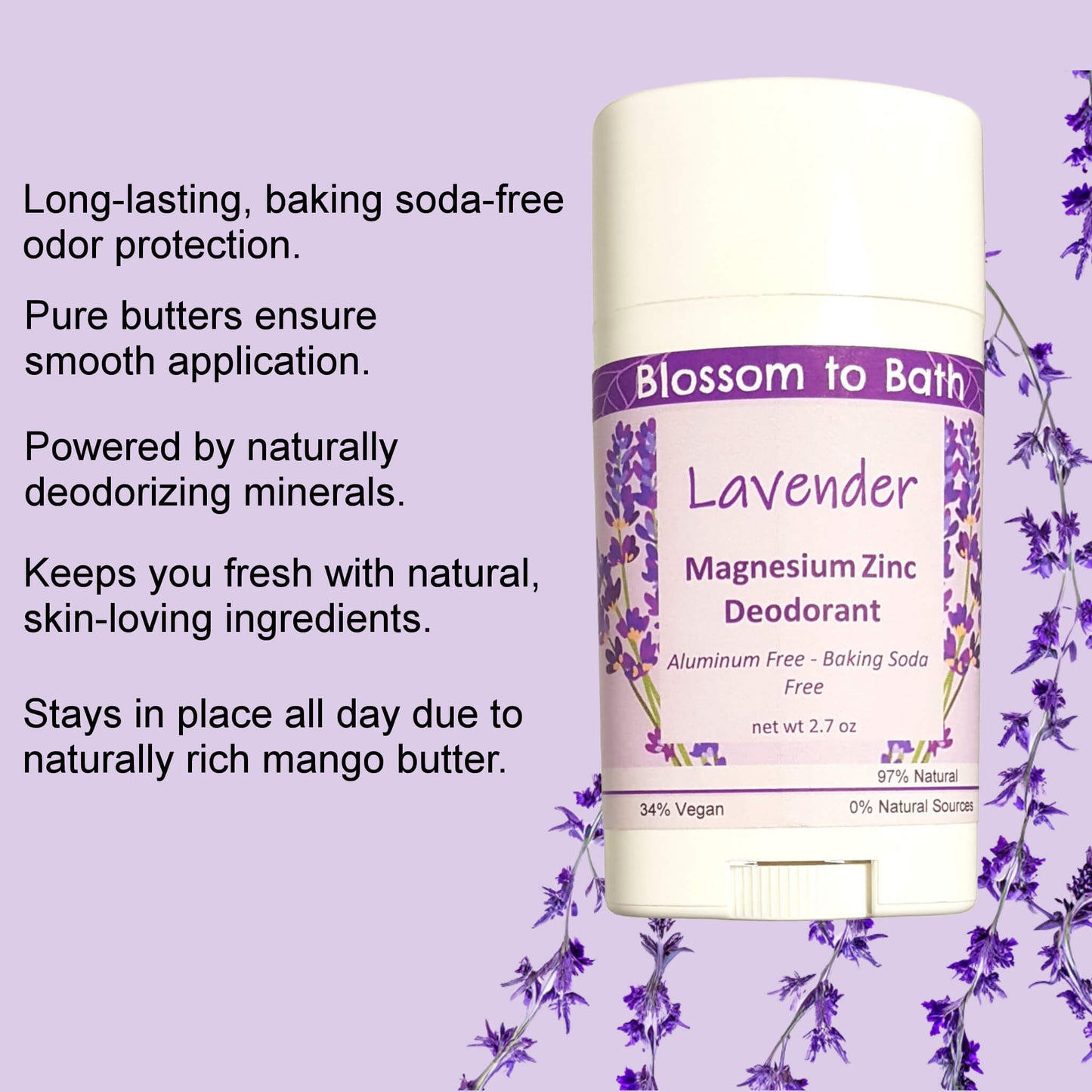 Lavender Magnesium Zinc Deodorant (2.7 ounce) - Pure Essential Oil Fragrance