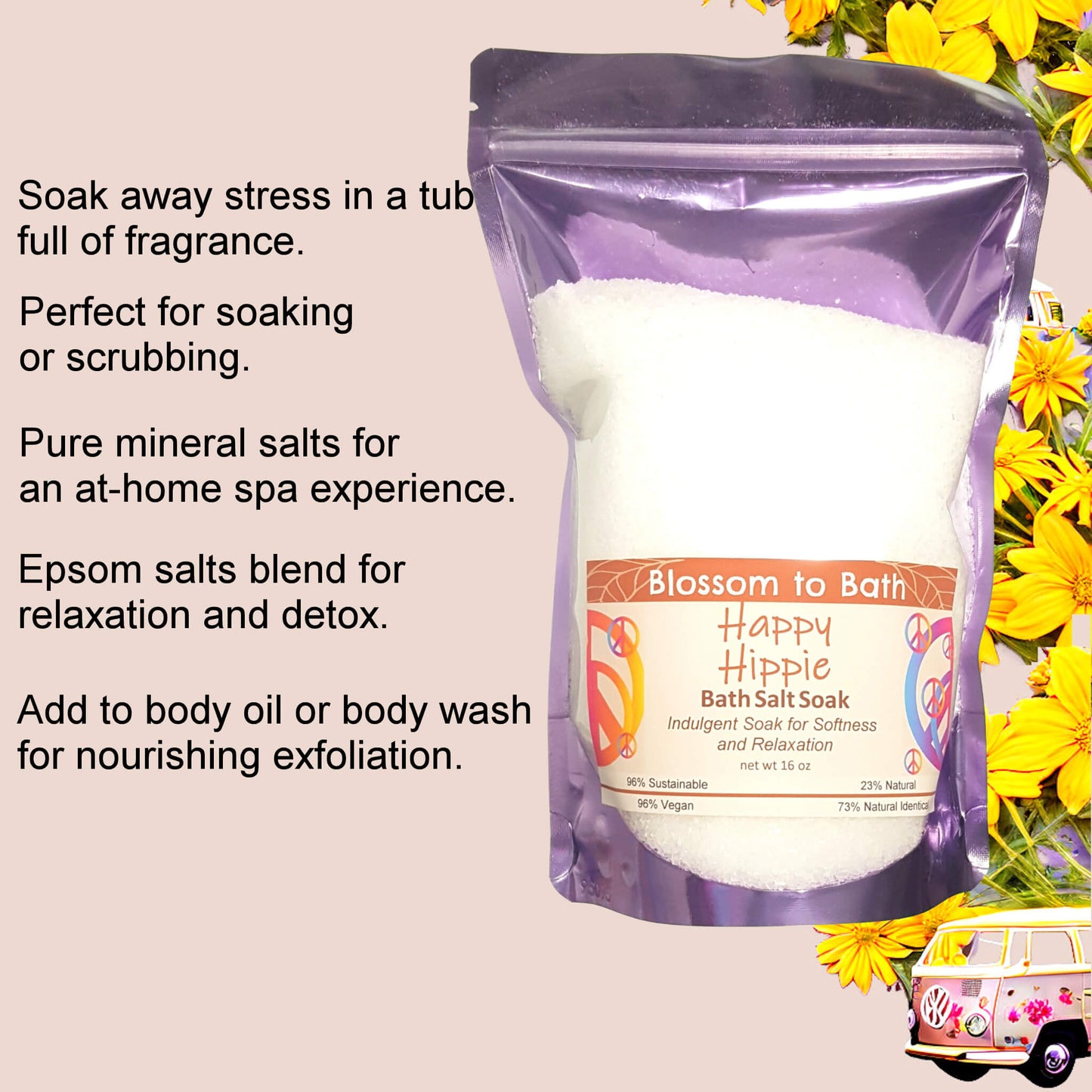 Happy Hippie Bath Salt Soak (16 ounce) - Pure Essential Oil Fragrance