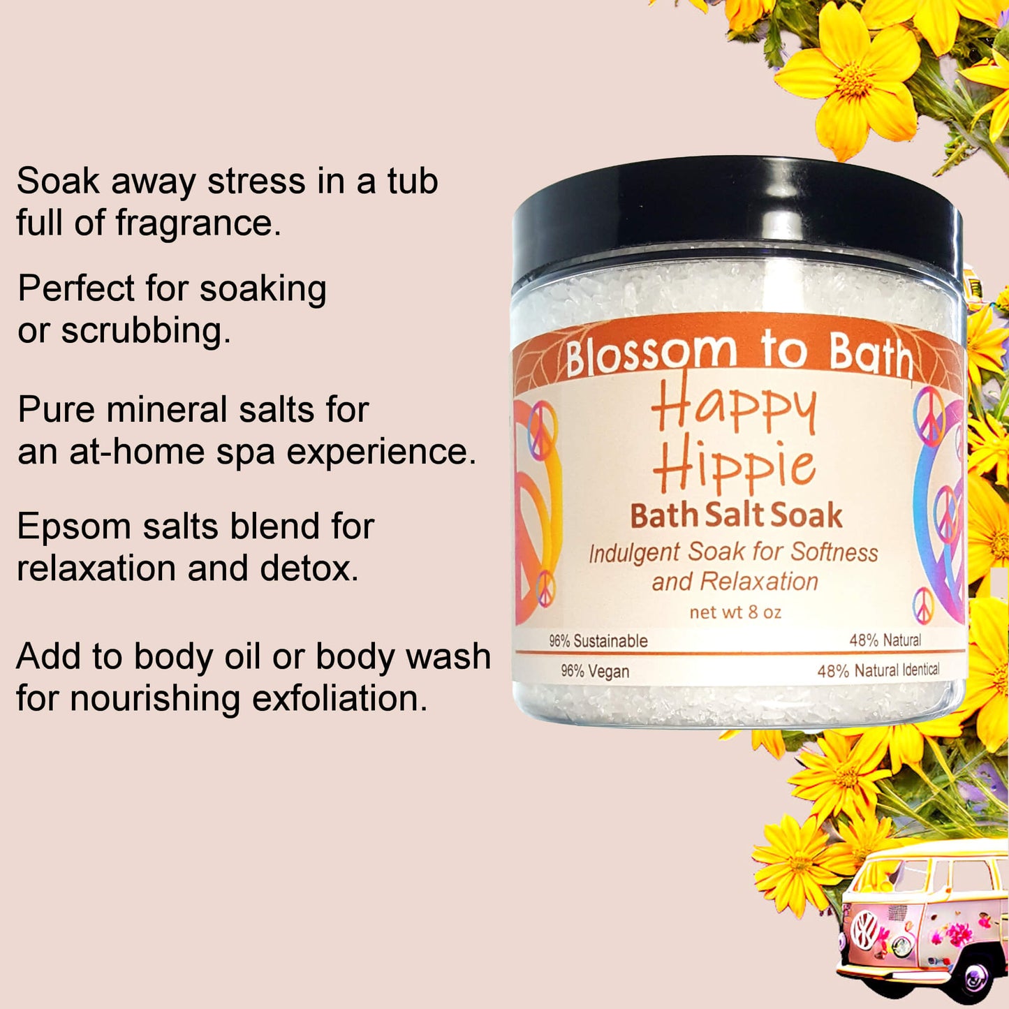 Happy Hippie Bath Salt Soak (8 ounce) - Pure Essential Oil Fragrance