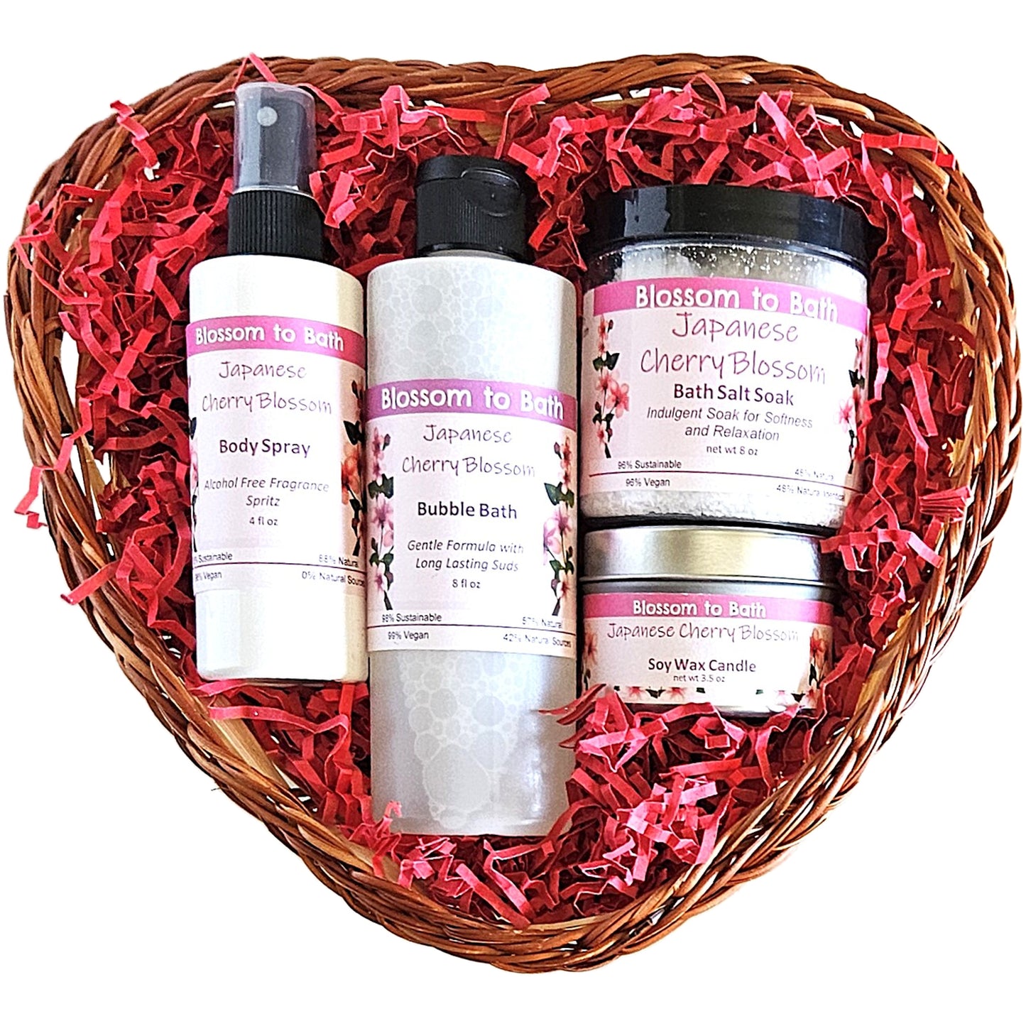 Buy Blossom to Bath Japanese Cherry Blossom Heart of Luxury Gift Basket from Flowersong Soap Studio. A Heartfelt Gift Of Musky Floral Scented Self Care Anyone Would Love To Receive . A sophisticated and rich cherry blossom fragrance that is oriental and sensual.