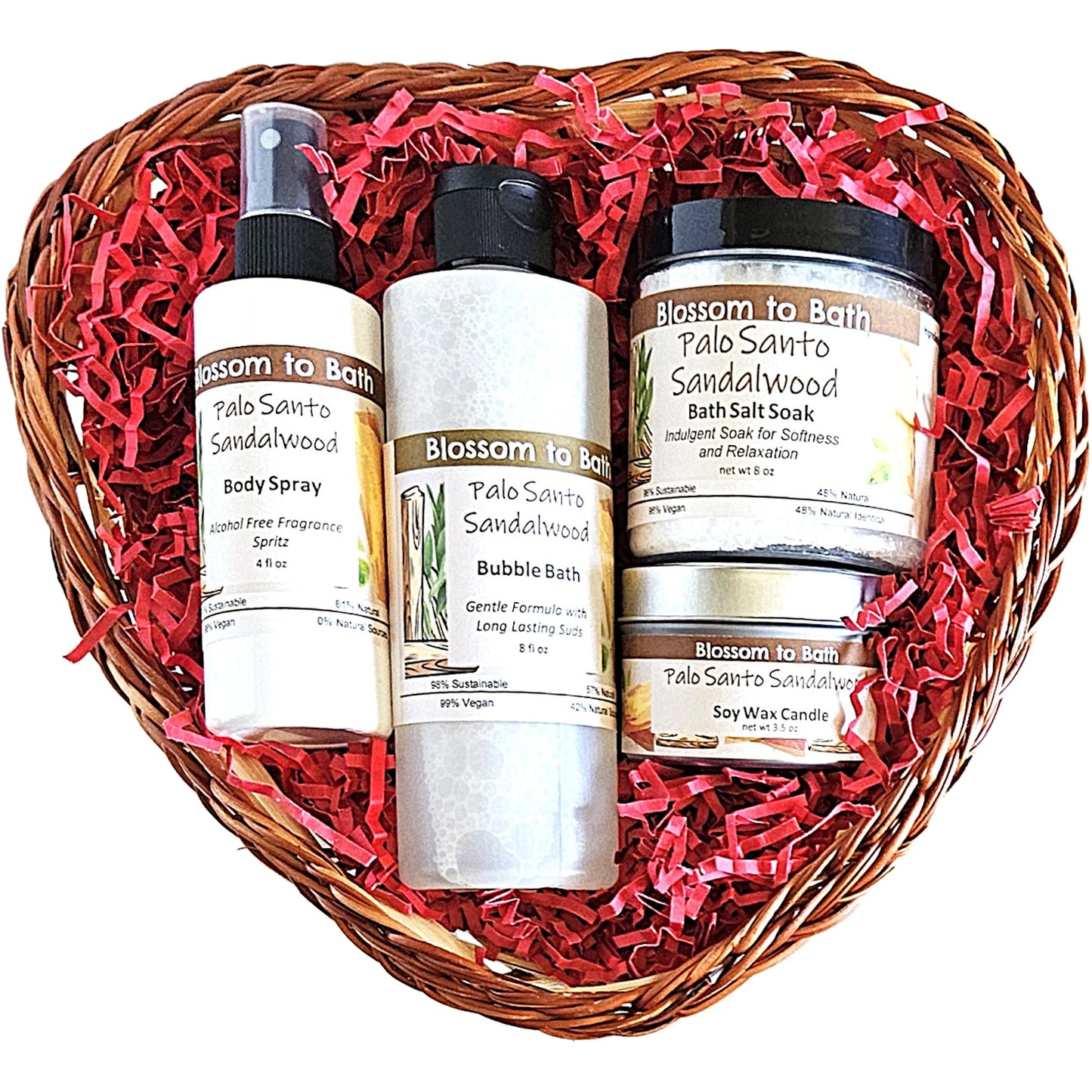 Buy Blossom to Bath Palo Santo Sandalwood Heart of Luxury Gift Basket from Flowersong Soap Studio. A Heartfelt Gift Of Warm Woody Scented Self Care Anyone Would Love To Receive . A journey into the sacred, the exotic tones of this special blend resonate with warm woodiness that adds an uplifting vibration.