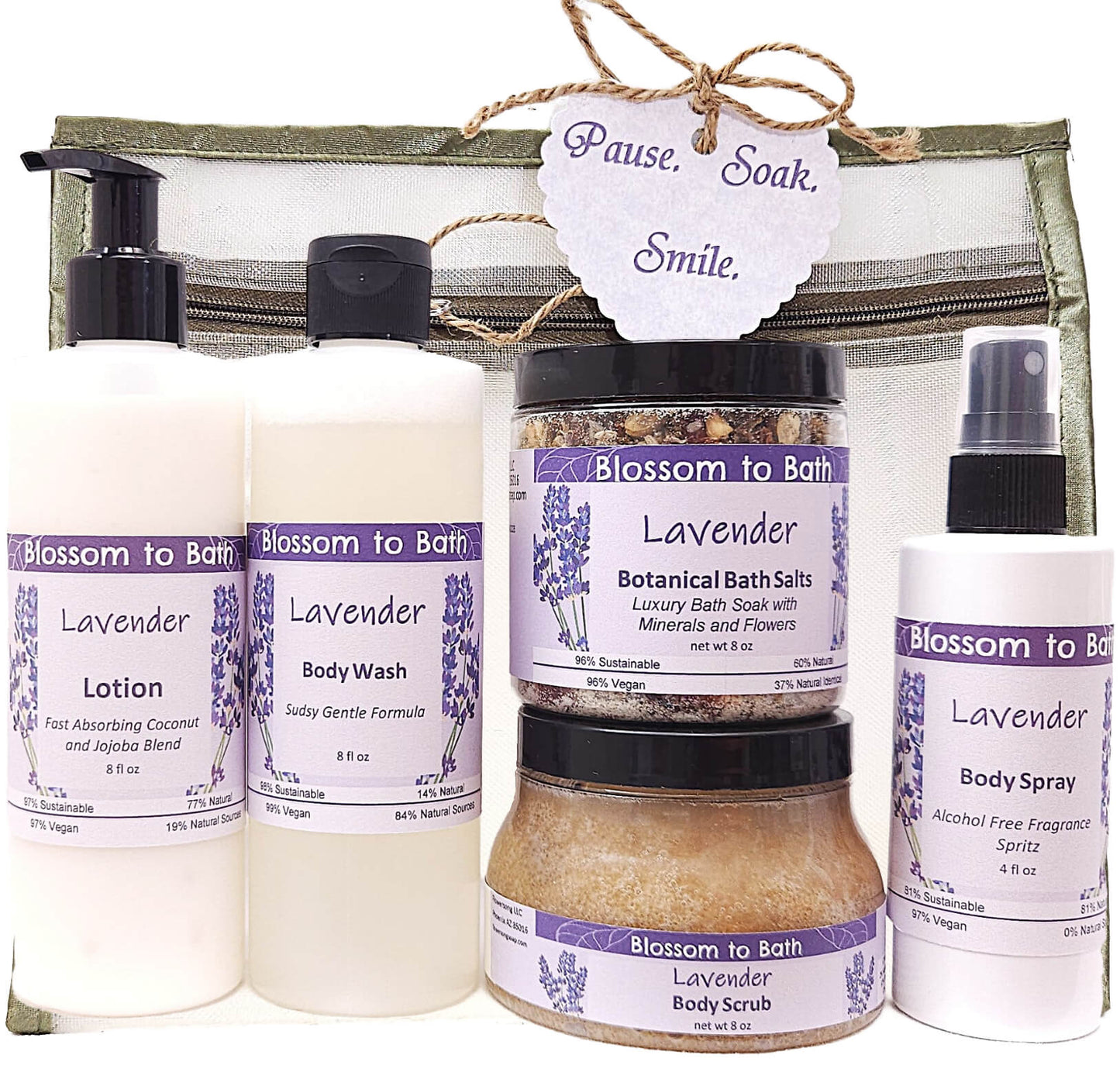 Buy Blossom to Bath Lavender Luxury Spa Gift Set from Flowersong Soap Studio. Wrap Someone (or Yourself) in Lavender* Love . Classic lavender scent that is relaxing and comforting.