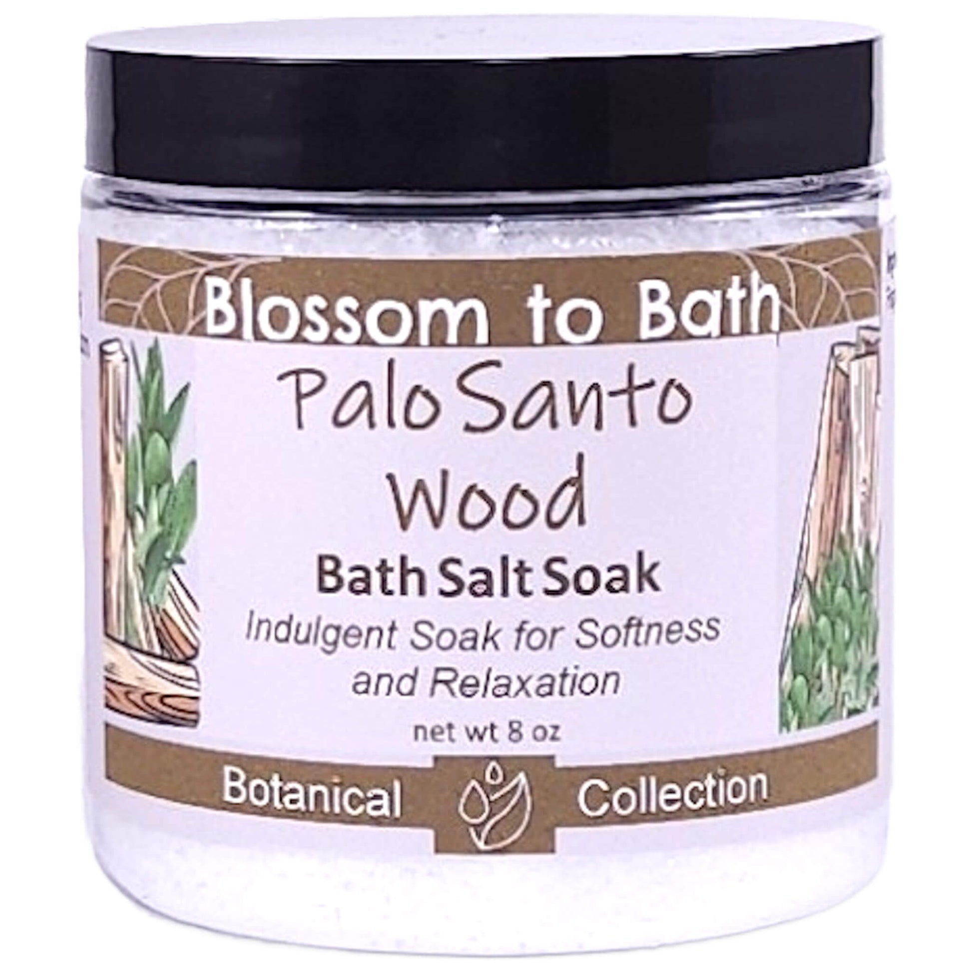 Buy Blossom to Bath Palo Santo Wood Bath Salt Soak from Flowersong Soap Studio.   Pure Epsom Salts for a Versatile and Luxurious Warm Woody Scented Soaking Experience .  Soulful warm Palo Santo blends with spices and herbs accented with Sandalwood.