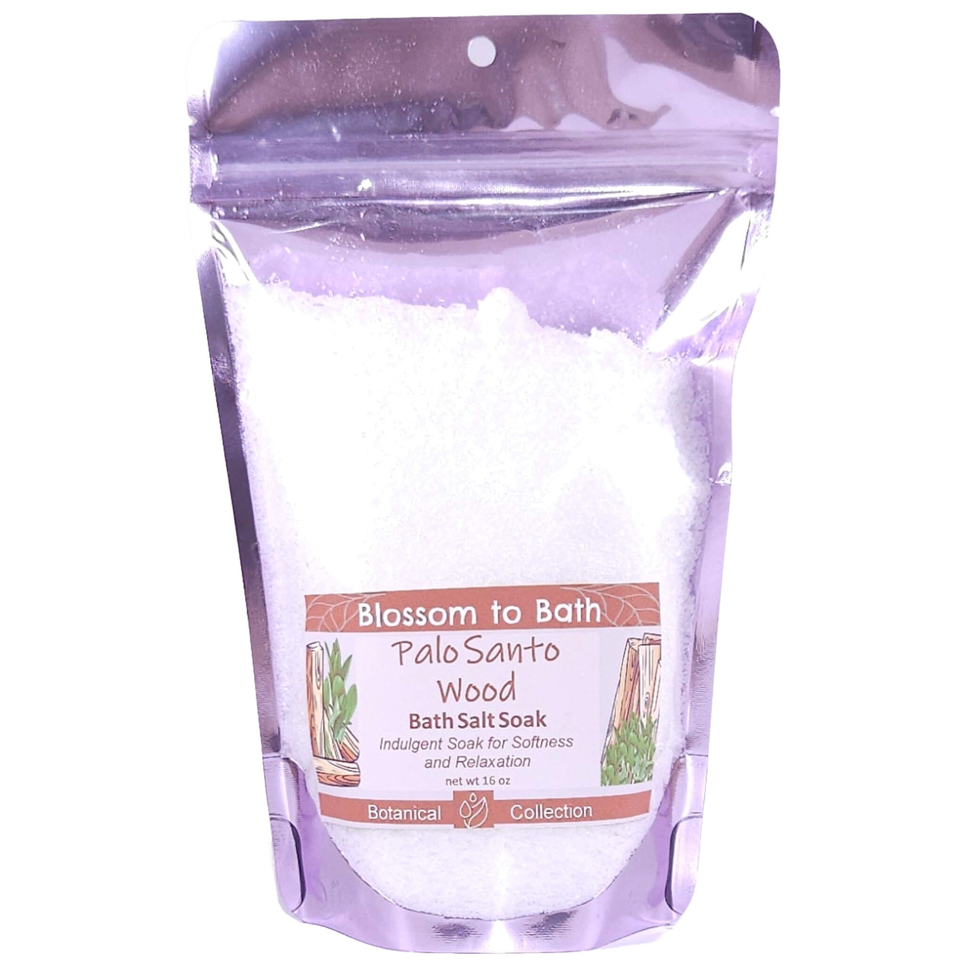 Buy Blossom to Bath Palo Santo Wood Bath Salt Soak from Flowersong Soap Studio.   Pure Epsom Salts for a Versatile and Luxurious Warm Woody Scented Soaking Experience .  Soulful warm Palo Santo blends with spices and herbs accented with Sandalwood.