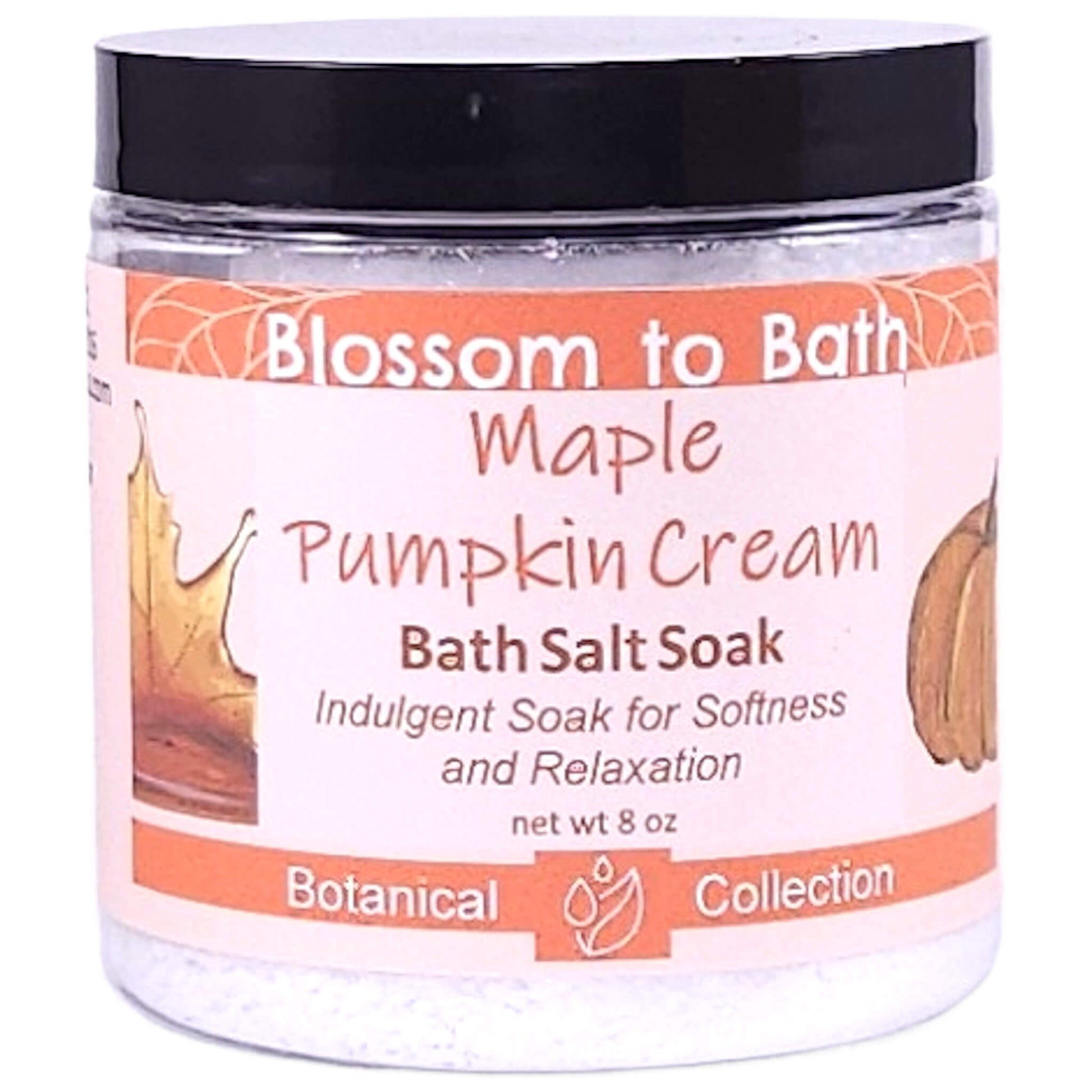 Buy Blossom to Bath Maple Pumpkin Cream Bath Salt Soak from Flowersong Soap Studio.   Pure Epsom Salts for a Versatile and Luxurious Warm Maple and Spice Scented Soaking Experience .  A delightful scent of fresh baked pumpkin spice bread smothered in maple syrup and whipped cream.