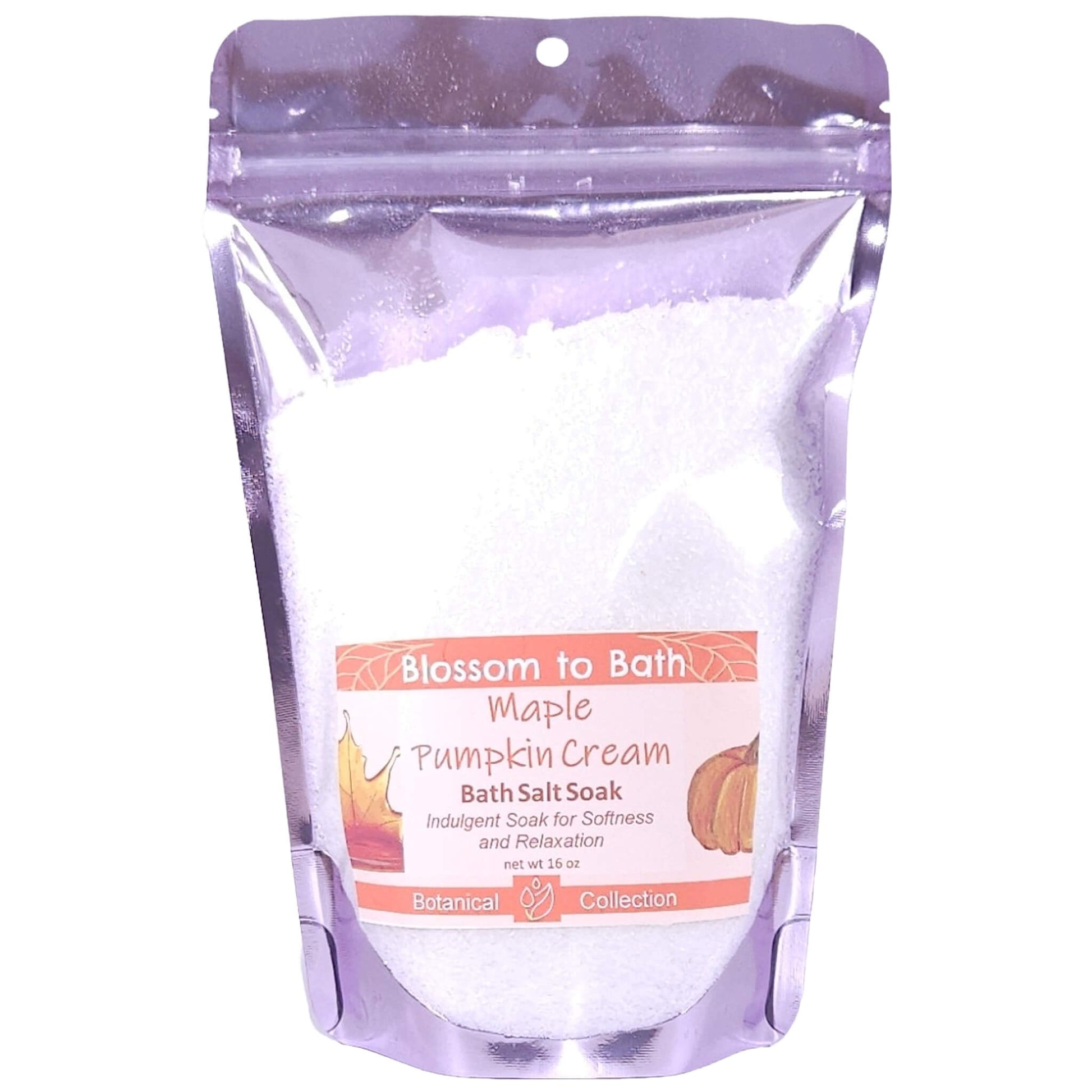 Buy Blossom to Bath Maple Pumpkin Cream Bath Salt Soak from Flowersong Soap Studio.   Pure Epsom Salts for a Versatile and Luxurious Warm Maple and Spice Scented Soaking Experience .  A delightful scent of fresh baked pumpkin spice bread smothered in maple syrup and whipped cream.