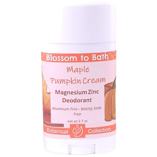 Buy Blossom to Bath Maple Pumpkin Cream Magnesium Zinc Deodorant from Flowersong Soap Studio.   Natural Deodorant Protection with a Long Lasting Luxury Warm Maple and Spice Scent Made from Pure Botanicals and Butters .  A delightful scent of fresh baked pumpkin spice bread smothered in maple syrup and whipped cream.