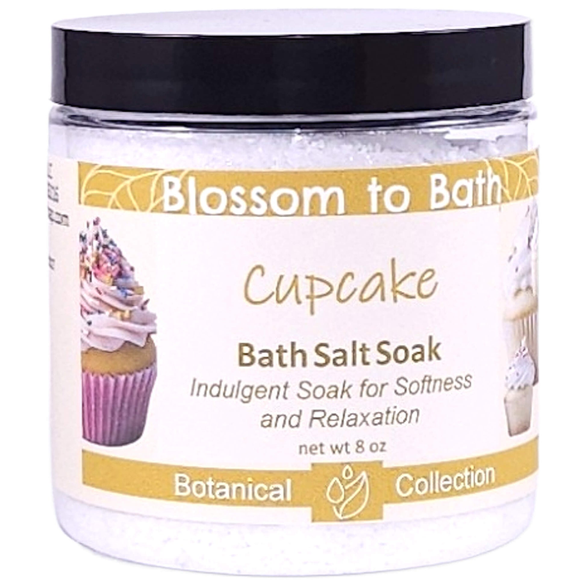 Buy Blossom to Bath Cupcake Bath Salt Soak from Flowersong Soap Studio.   Pure Epsom Salts for a Versatile and Luxurious Vanilla Cupcake Scented Soaking Experience .  The essence of a vanilla buttercream frosted bakery fresh cupcake.
