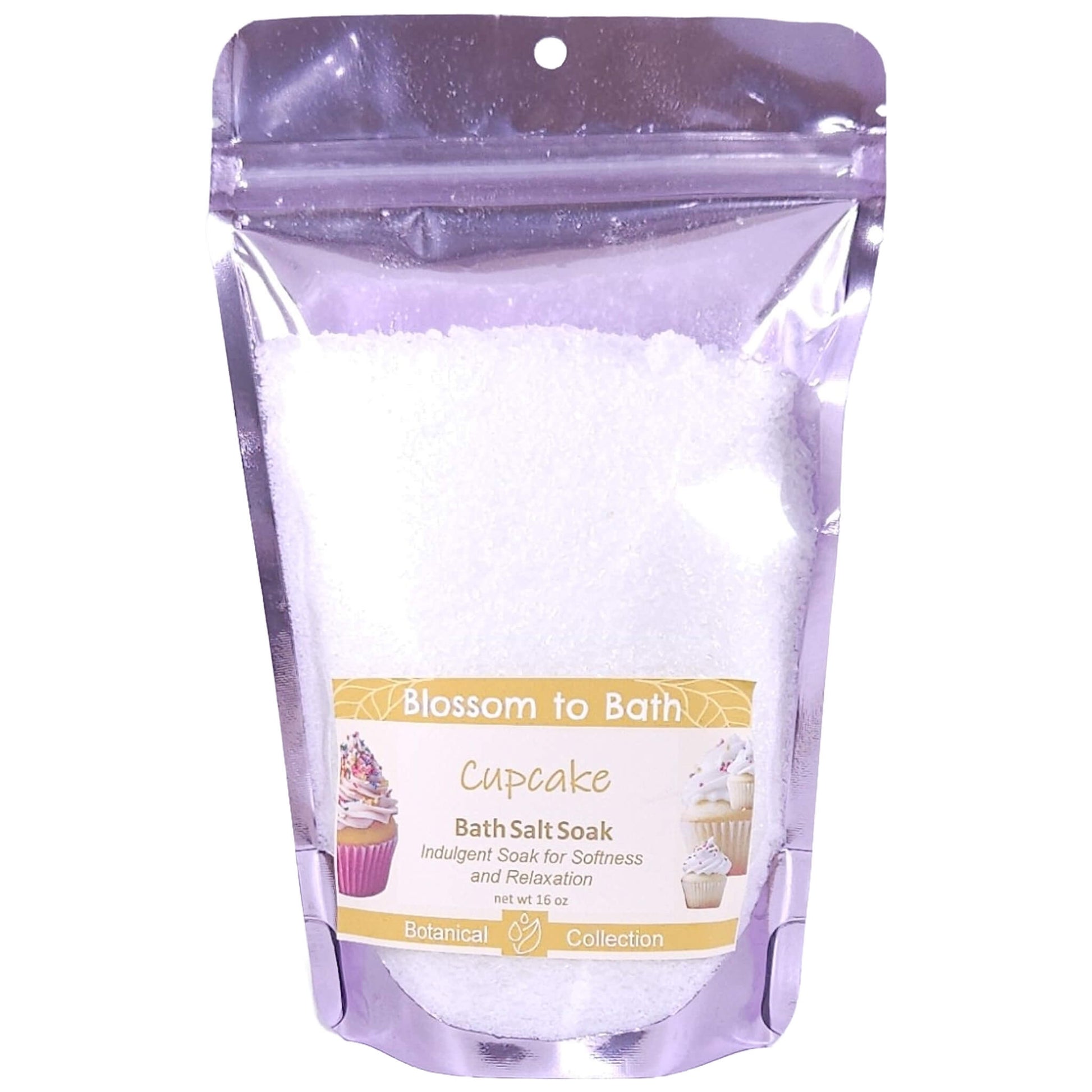 Buy Blossom to Bath Cupcake Bath Salt Soak from Flowersong Soap Studio.   Pure Epsom Salts for a Versatile and Luxurious Vanilla Cupcake Scented Soaking Experience .  The essence of a vanilla buttercream frosted bakery fresh cupcake.