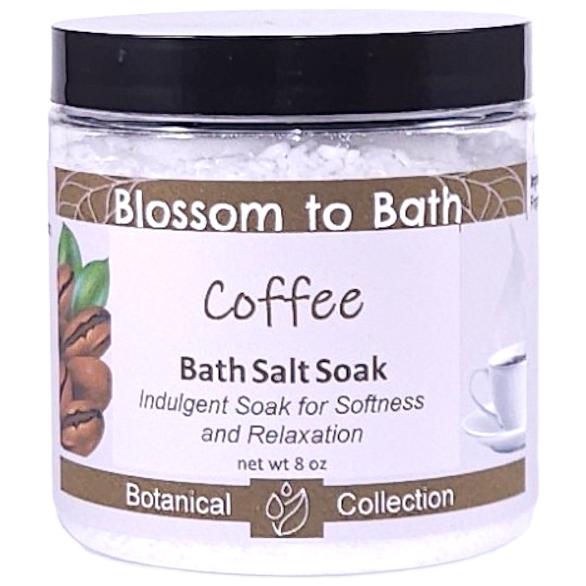 Buy Blossom to Bath Coffee Bath Salt Soak from Flowersong Soap Studio.   Pure Epsom Salts for a Versatile and Luxurious Fresh Brewed Coffee Scented Soaking Experience .  Dark roast coffee laced with hints of cream and sugar.