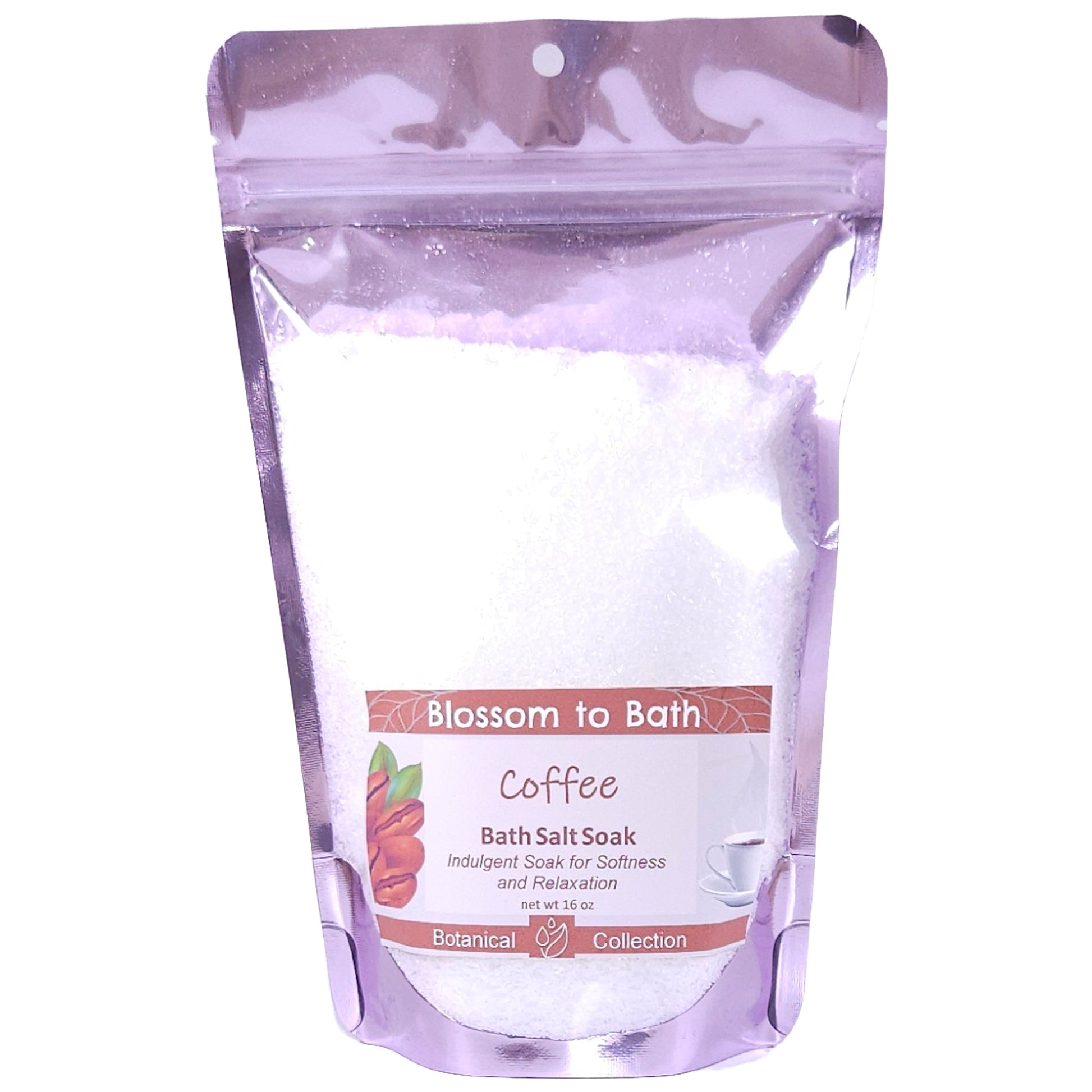 Buy Blossom to Bath Coffee Bath Salt Soak from Flowersong Soap Studio.   Pure Epsom Salts for a Versatile and Luxurious Fresh Brewed Coffee Scented Soaking Experience .  Dark roast coffee laced with hints of cream and sugar.