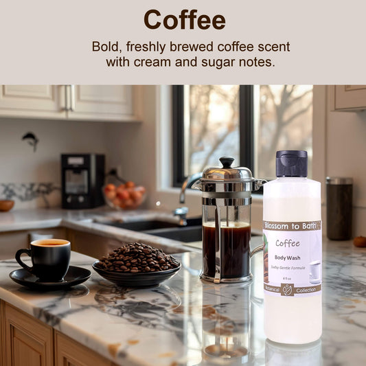 Blossom to Bath Coffee Body Wash – 8oz bottle with coffee beans, French press, and cup highlighting the fresh brewed coffee scent.