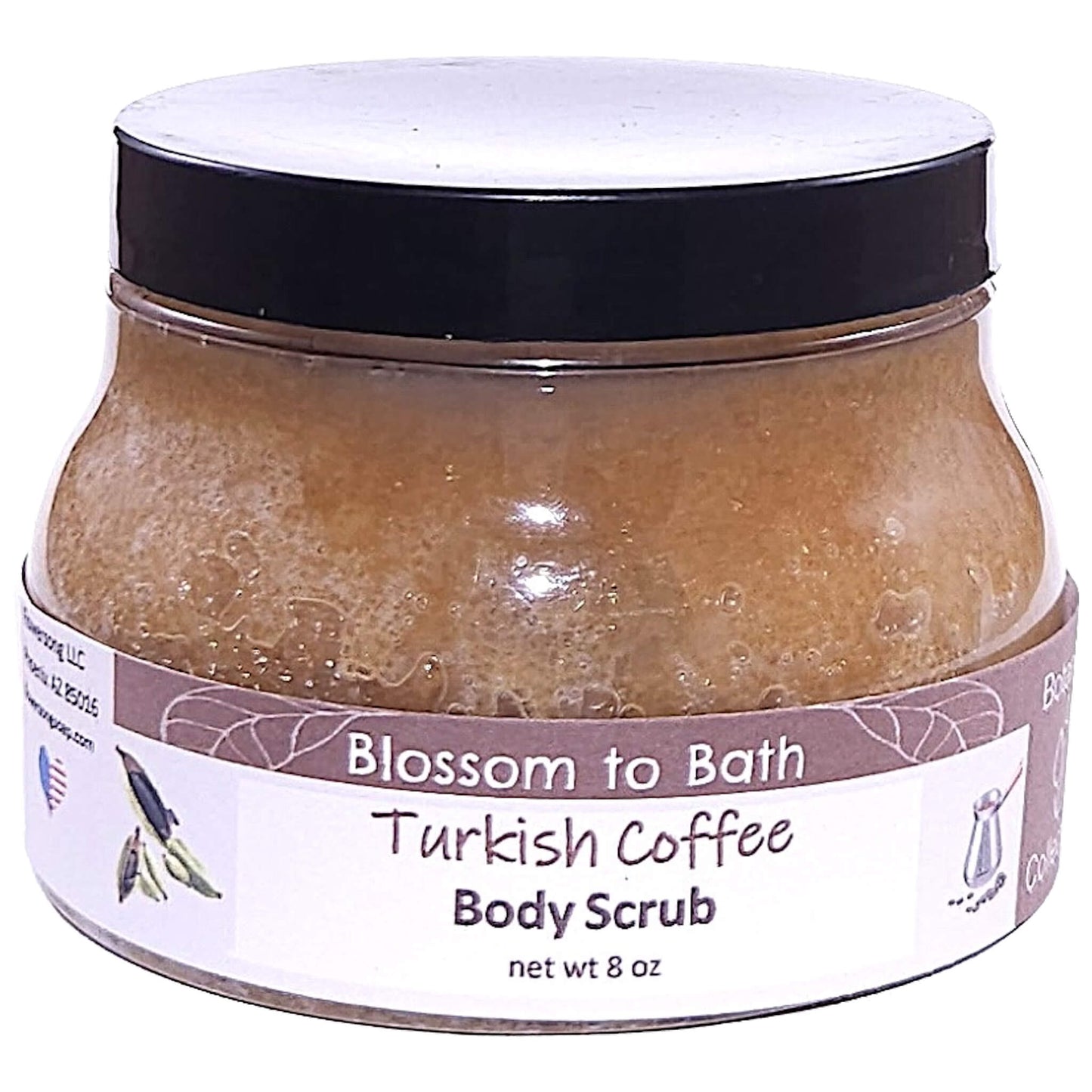 Buy Blossom to Bath Turkish Coffee Body Scrub from Flowersong Soap Studio. Large Crystal Turbinado Sugar Scrub with Bold Spiced Scented Emollient Oils - Exfoliate and Moisturize in One Step . A bold, sweet coffee scent enriched with brown sugar and cardamom spice.