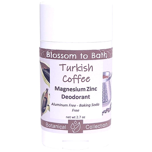 Buy Blossom to Bath Turkish Coffee Magnesium Zinc Deodorant from Flowersong Soap Studio.   Natural Deodorant Protection with a Long Lasting Luxury Bold Spiced Scent Made from Pure Botanicals and Butters .  A bold, sweet coffee scent enriched with brown sugar and cardamom spice.