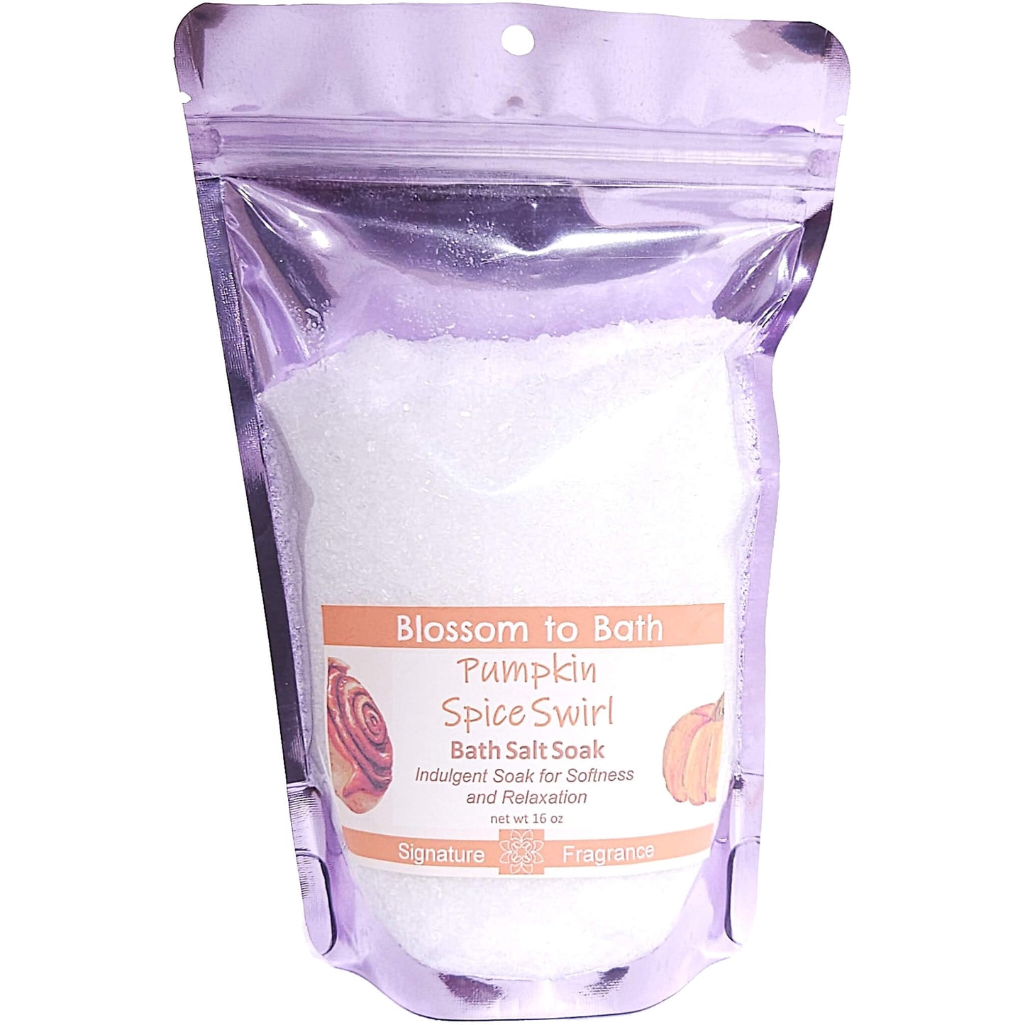 Buy Blossom to Bath Pumpkin Spice Swirl Bath Salt Soak from Flowersong Soap Studio. Pure Epsom Salts for a Versatile and Luxurious Sweet Cinnamon Pumpkin Scented Soaking Experience . An indulgent blend of spiced pumpkin, clove, and maple buttercream. Warm, syrupy, and sweet like the gooey center of a cinnamon roll—without being pie-like.