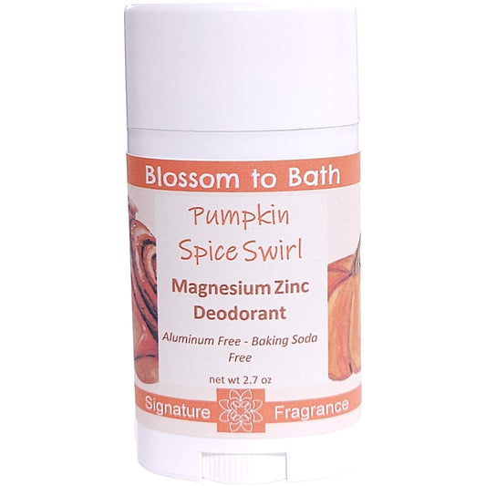 Buy Blossom to Bath Pumpkin Spice Swirl Magnesium Zinc Deodorant from Flowersong Soap Studio.   Natural Deodorant Protection with a Long Lasting Luxury Sweet Cinnamon Pumpkin Scent Made from Pure Botanicals and Butters .  An indulgent blend of spiced pumpkin, clove, and maple buttercream. Warm, syrupy, and sweet like the gooey center of a cinnamon roll—without being pie-like.