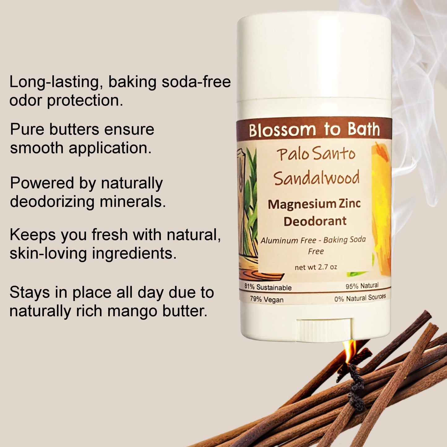 Palo Santo Sandalwood Magnesium Zinc Deodorant (2.7 ounce) - Phthalate Free Fragrance
