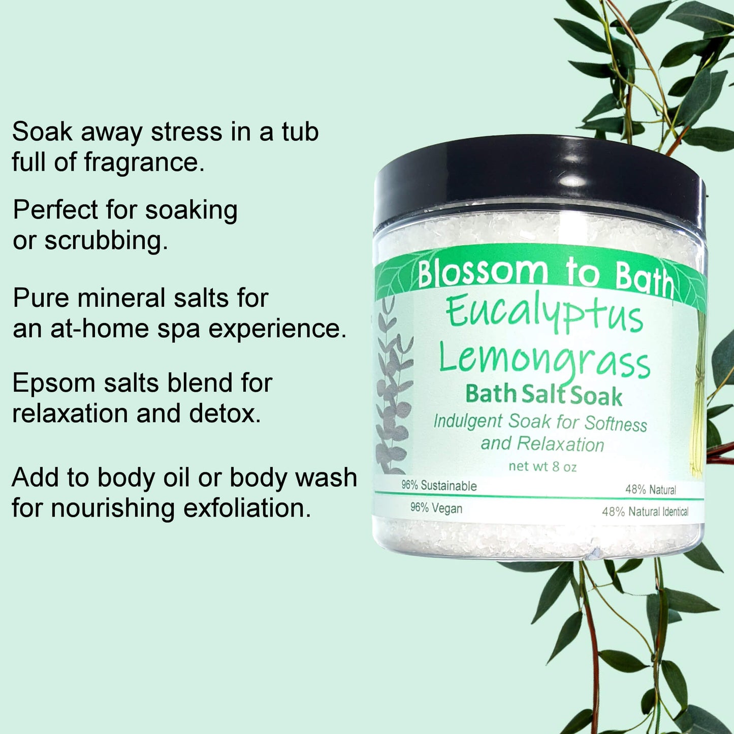 Eucalyptus Lemongrass Bath Salt Soak (8 ounce) - Pure Essential Oil Fragrance