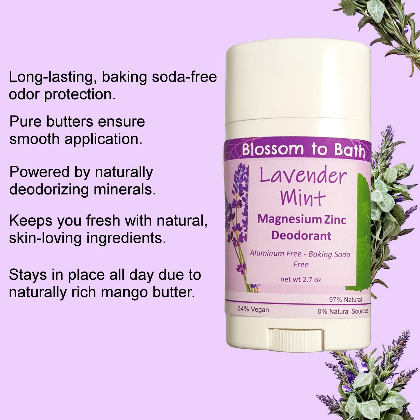Lavender Mint Magnesium Zinc Deodorant (2.7 ounce) - Pure Essential Oil Fragrance