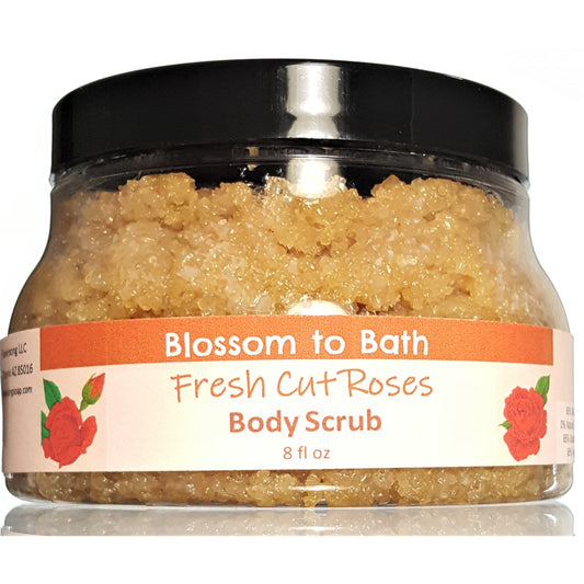 Buy Blossom to Bath Fresh Cut Roses Body Scrub from Flowersong Soap Studio.  Large crystal turbinado sugar plus  rich oils conveniently exfoliate and moisturize in one step  A true rose fragrance, the scent captures the splendor of a newly blossomed rose.