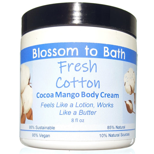 Buy Blossom to Bath Fresh Cotton Cocoa Mango Body Cream from Flowersong Soap Studio.  Rich organic butters  soften and moisturize even the roughest skin all day  Smells like clean sheets drying in a breeze of spring blossoms.
