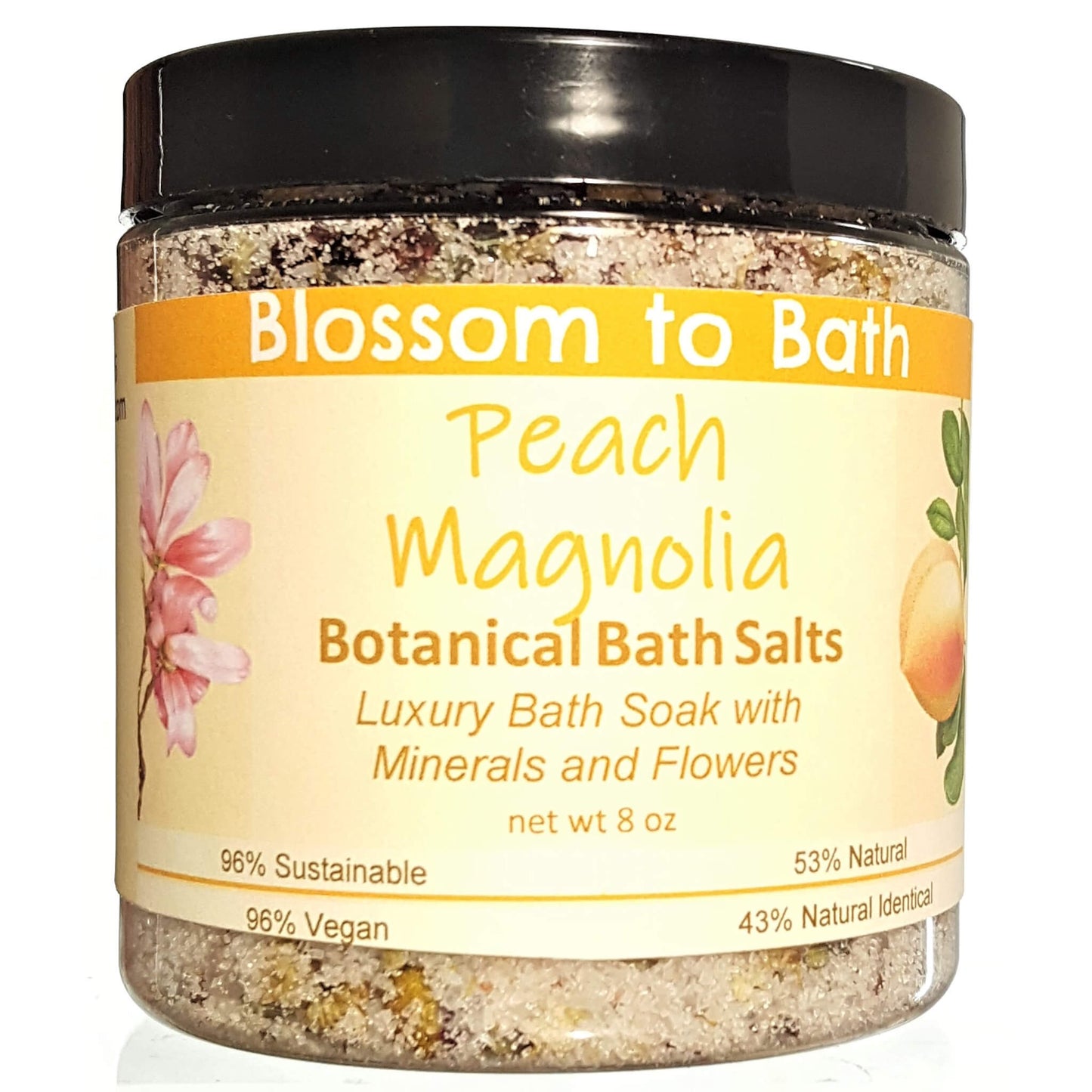 Buy Blossom to Bath Peach Magnolia Botanical Bath Salts from Flowersong Soap Studio.  A hand selected variety of skin loving botanicals and mineral rich salts for a unique, luxurious soaking experience  An intoxicating blend of peach, magnolia, and raspberry.