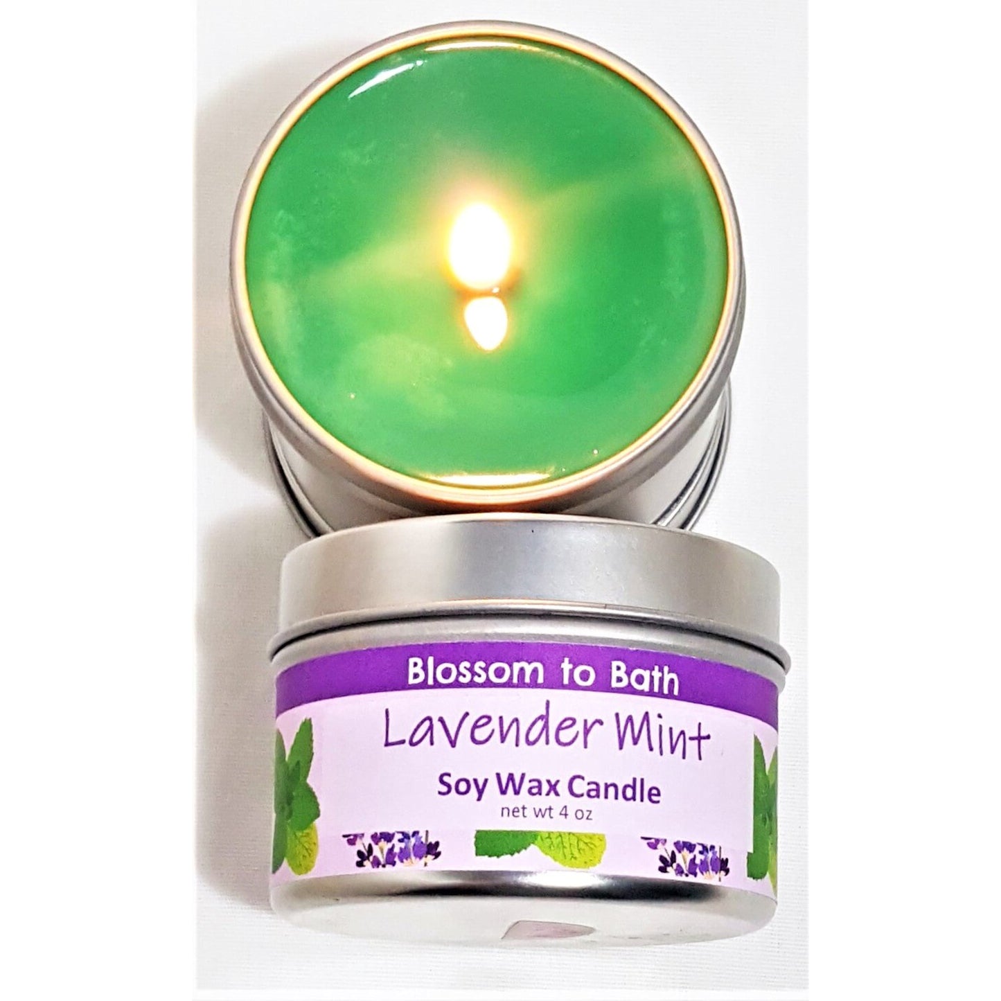 Buy Blossom to Bath Lavender Mint Soy Wax Candle from Flowersong Soap Studio.  Fill the air with a charming fragrance that lasts for hours  A cheerfully relaxing combination of lavender and peppermint.