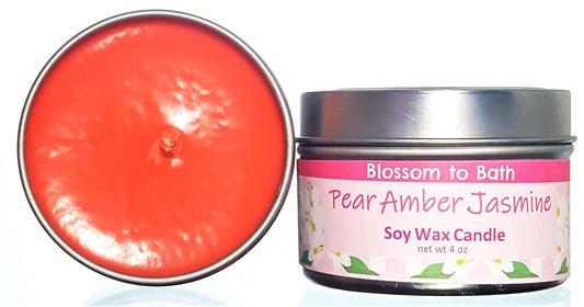 Buy Blossom to Bath Pear Amber Jasmine Soy Wax Candle from Flowersong Soap Studio. Fill the air with a charming fragrance that lasts for hours A scent that lets you escape to an island paradise of pear, jasmine, and warm spices.