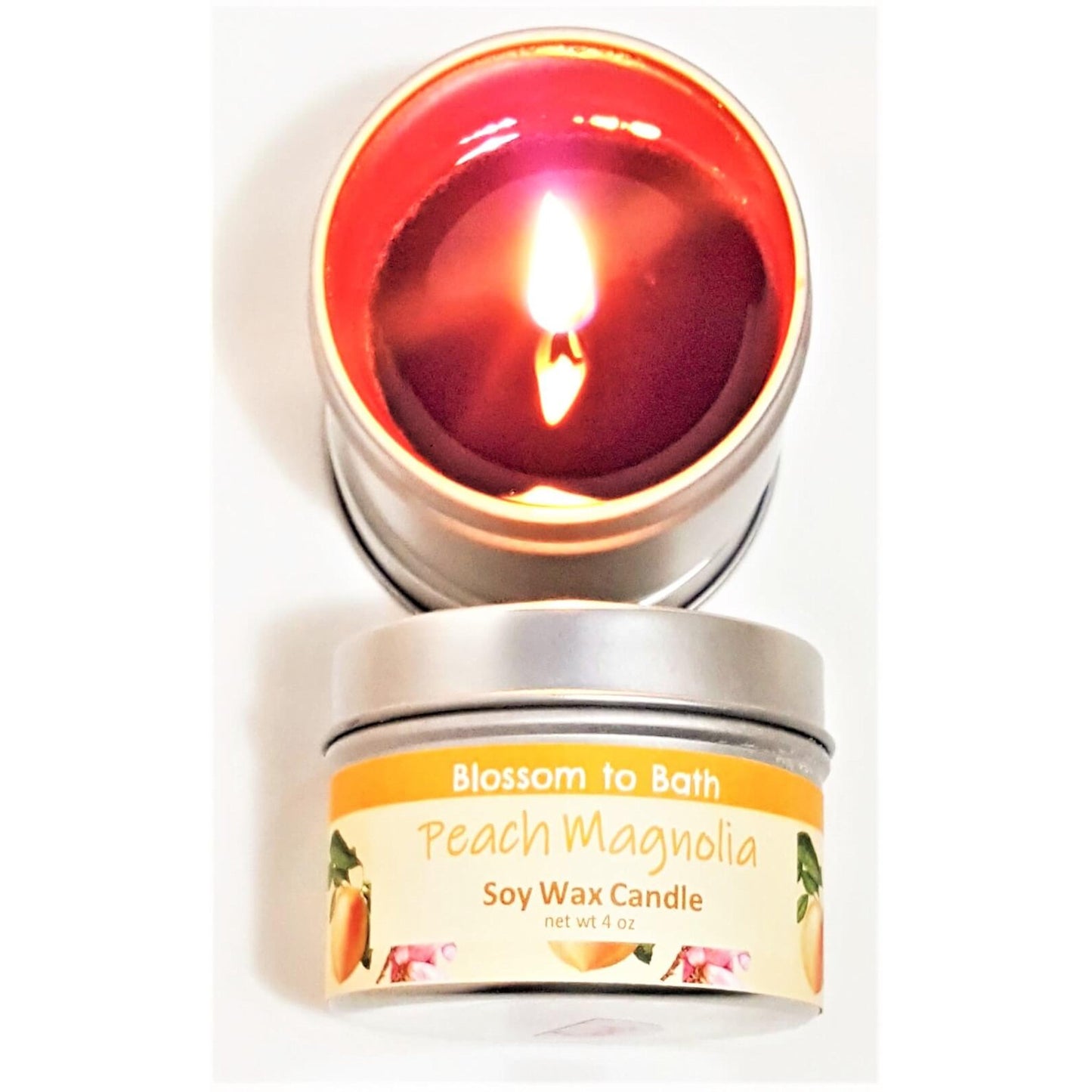 Buy Blossom to Bath Peach Magnolia Soy Wax Candle from Flowersong Soap Studio.  Fill the air with a charming fragrance that lasts for hours  An intoxicating blend of peach, magnolia, and raspberry.