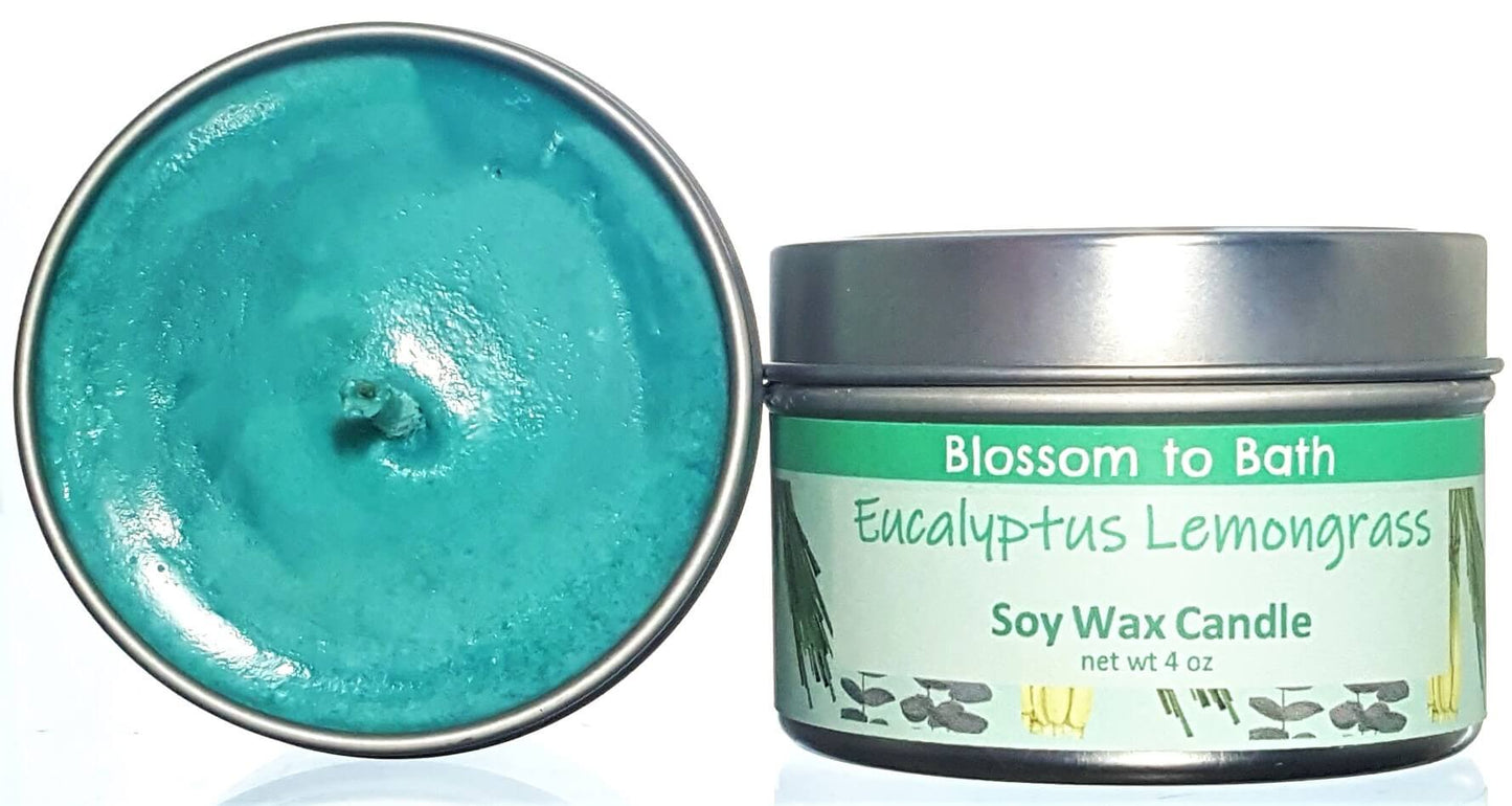 Buy Blossom to Bath Eucalyptus Lemongrass Soy Wax Candle from Flowersong Soap Studio.  Fill the air with a charming fragrance that lasts for hours  Fresh, sweet herbally clean scent of lemongrass and bracing Eucalyptus.