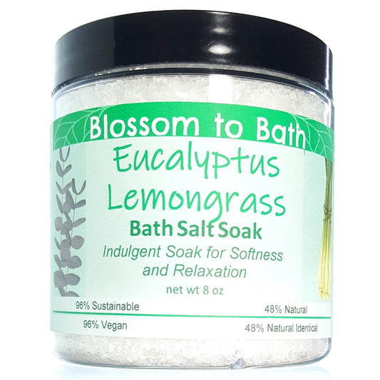 Buy Blossom to Bath Eucalyptus Lemongrass Bath Salt Soak from Flowersong Soap Studio.  Scented epsom salts for a luxurious soaking experience  Fresh, sweet herbally clean scent of lemongrass and bracing Eucalyptus.
