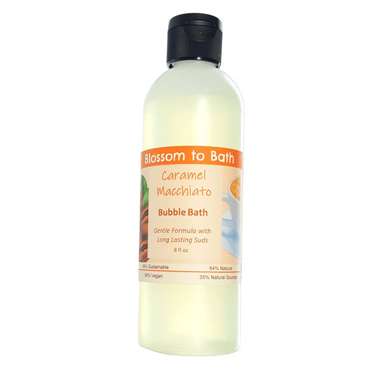 Buy Blossom to Bath Caramel Macchiato Bubble Bath from Flowersong Soap Studio.  Lively, long lasting  bubbles in a gentle plant based formula for maximum relaxation time  Luscious vanilla and warm rich caramel - a gourmet coffee experience with sweet caramel in a bed of vibrant coffee;