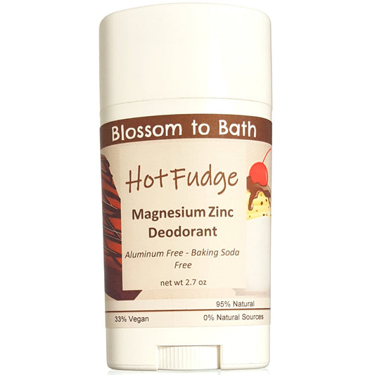 Buy Blossom to Bath Hot Fudge Magnesium Zinc Deodorant from Flowersong Soap Studio.  Long lasting protection made from organic botanicals and butters, made without baking soda, tested in the Arizona heat  The fragrance is three layers deep in rich chocolate.