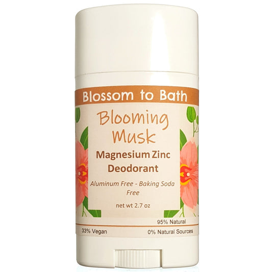 Buy Blossom to Bath Blooming Musk Magnesium Zinc Deodorant from Flowersong Soap Studio.  Long lasting protection made from organic botanicals and butters, made without baking soda, tested in the Arizona heat  A sensual floral and musk scent that is subtle and feminine.
