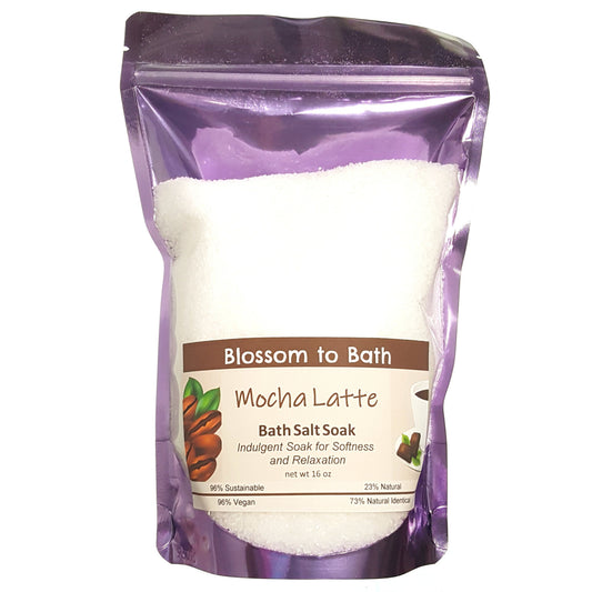 Buy Blossom to Bath Mocha Latte Bath Salt Soak from Flowersong Soap Studio.  Scented epsom salts for a luxurious soaking experience  Deep rich chocolate and fragrant coffee combine to form this gourmet coffee smell-alike scent.
