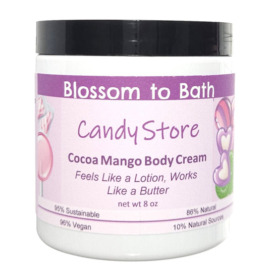 Buy Blossom to Bath Candy Store Cocoa Mango Body Cream from Flowersong Soap Studio.  Rich organic butters  soften and moisturize even the roughest skin all day  A nostalgic fragrance has pops of sweet fruity bubbles on a bed of spun sugar and vanilla bean.