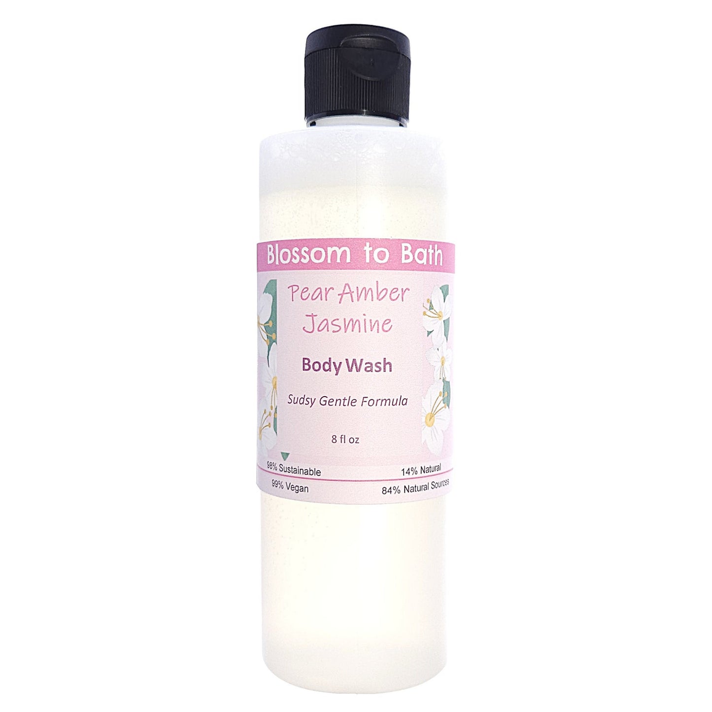 Buy Blossom to Bath Pear Amber Jasmine Body Wash from Flowersong Soap Studio.   Get Smooth Silky Skin With Sweet Tropical Floral Scented Gentle Cleansers That Are Super Sudsy .  A scent that lets you escape to an island paradise of pear, jasmine, and warm spices.