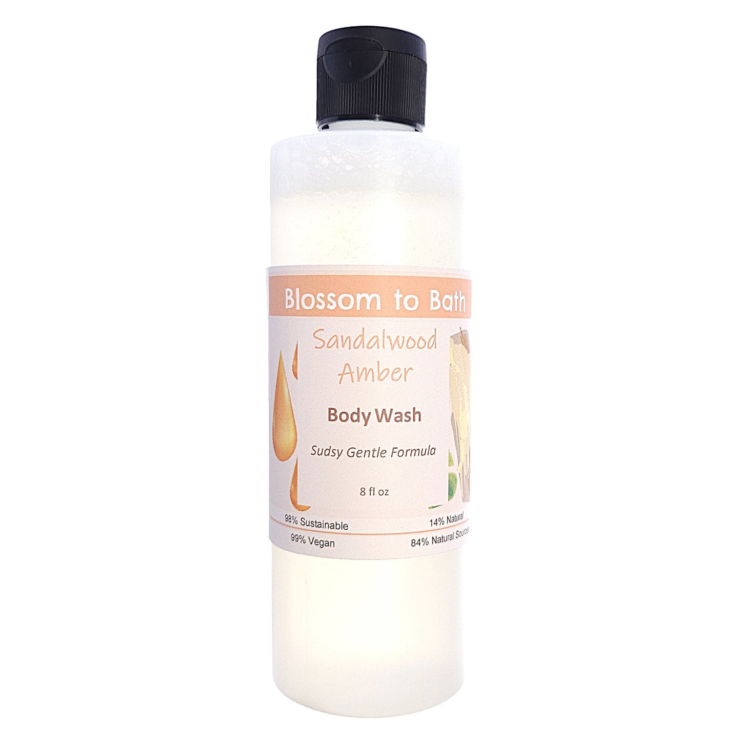 Buy Blossom to Bath Sandalwood Amber Body Wash from Flowersong Soap Studio.   Get Smooth Silky Skin With Sandalwood Scented Gentle Cleansers That Are Super Sudsy .  An irresistible combination of warm sandalwood and spice.