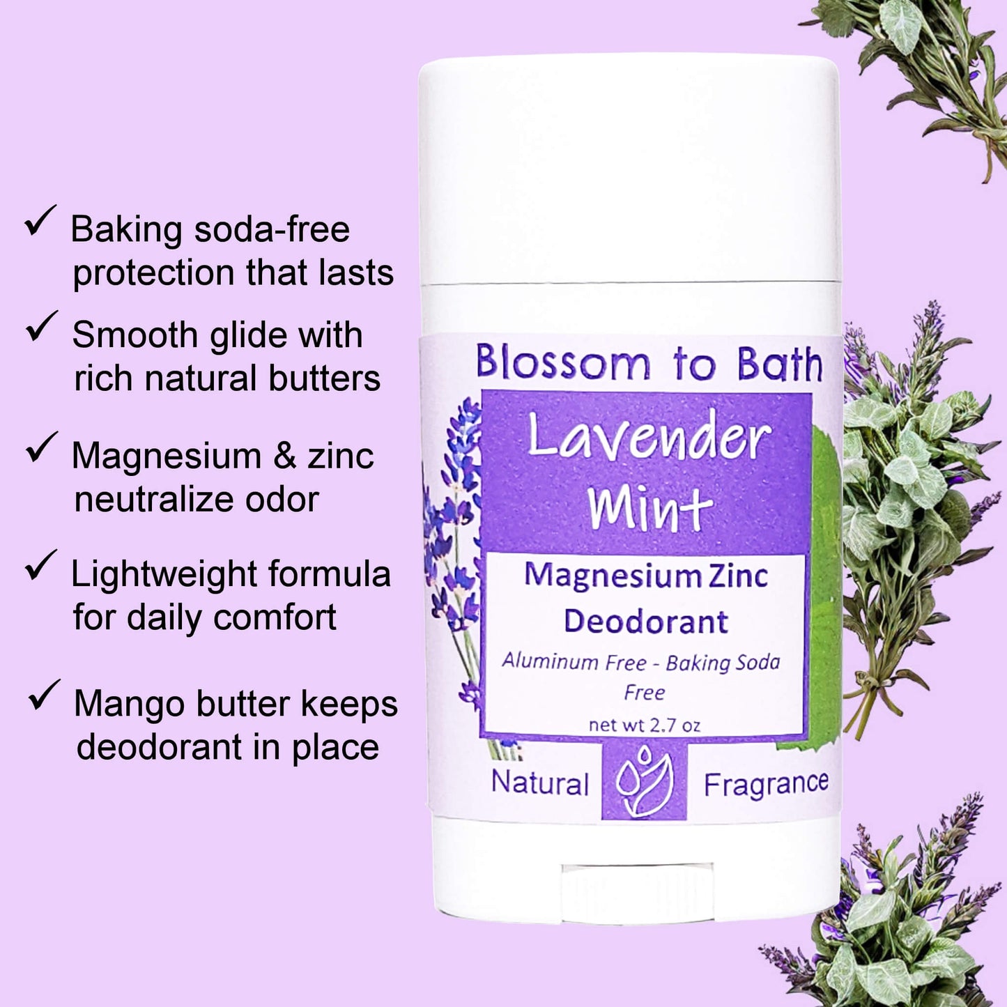 Lavender Mint Magnesium Zinc Deodorant (2.7 ounce) - Pure Essential Oil Fragrance