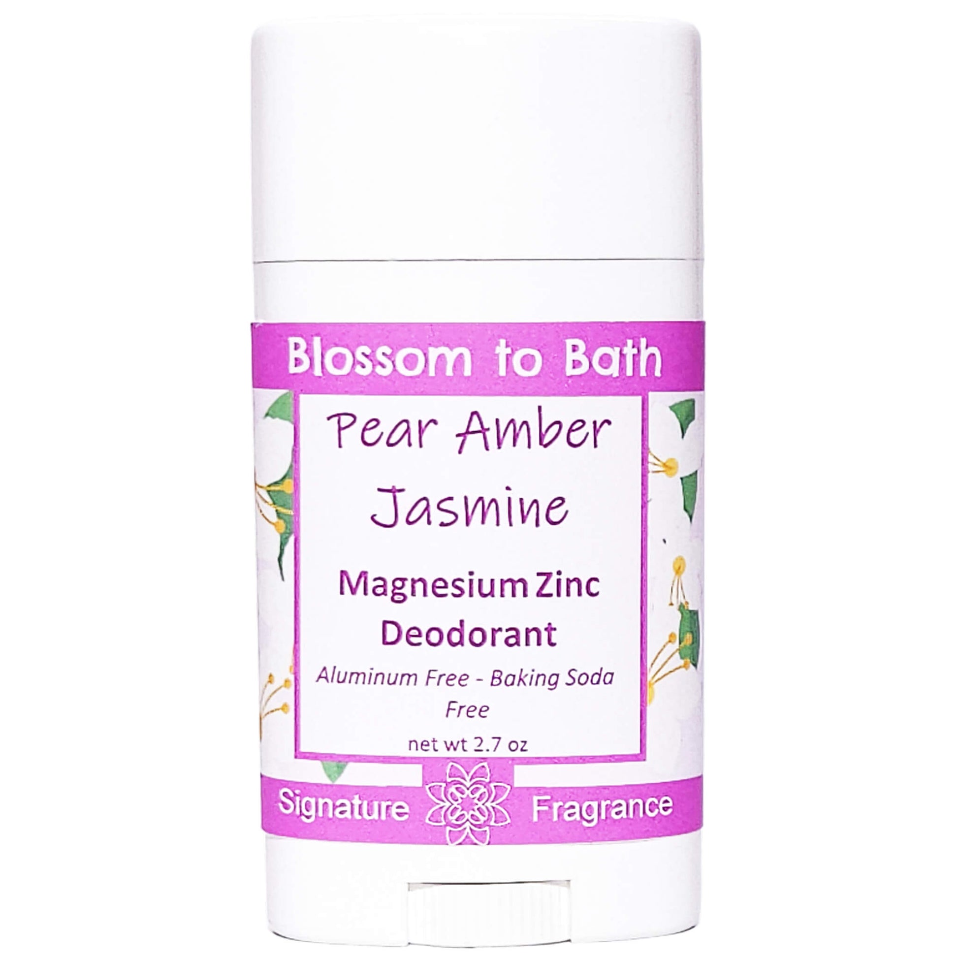Buy Blossom to Bath Pear Amber Jasmine Magnesium Zinc Deodorant from Flowersong Soap Studio.   Natural Deodorant Protection with a Long Lasting Sweet Tropical Floral Scent Made from Pure Botanicals and Butters .  A scent that lets you escape to an island paradise of pear, jasmine, and warm spices.