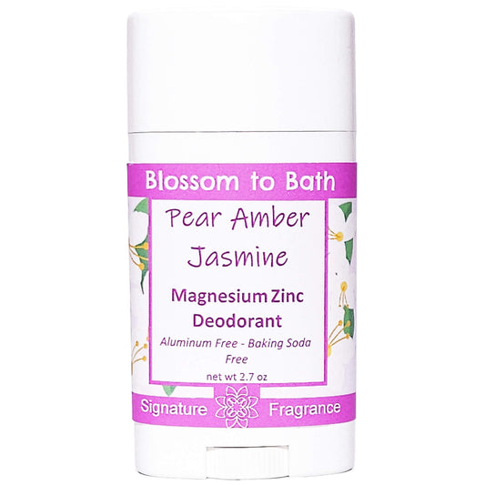 Buy Blossom to Bath Pear Amber Jasmine Magnesium Zinc Deodorant from Flowersong Soap Studio.   Natural Deodorant Protection with a Long Lasting Sweet Tropical Floral Scent Made from Pure Botanicals and Butters .  A scent that lets you escape to an island paradise of pear, jasmine, and warm spices.
