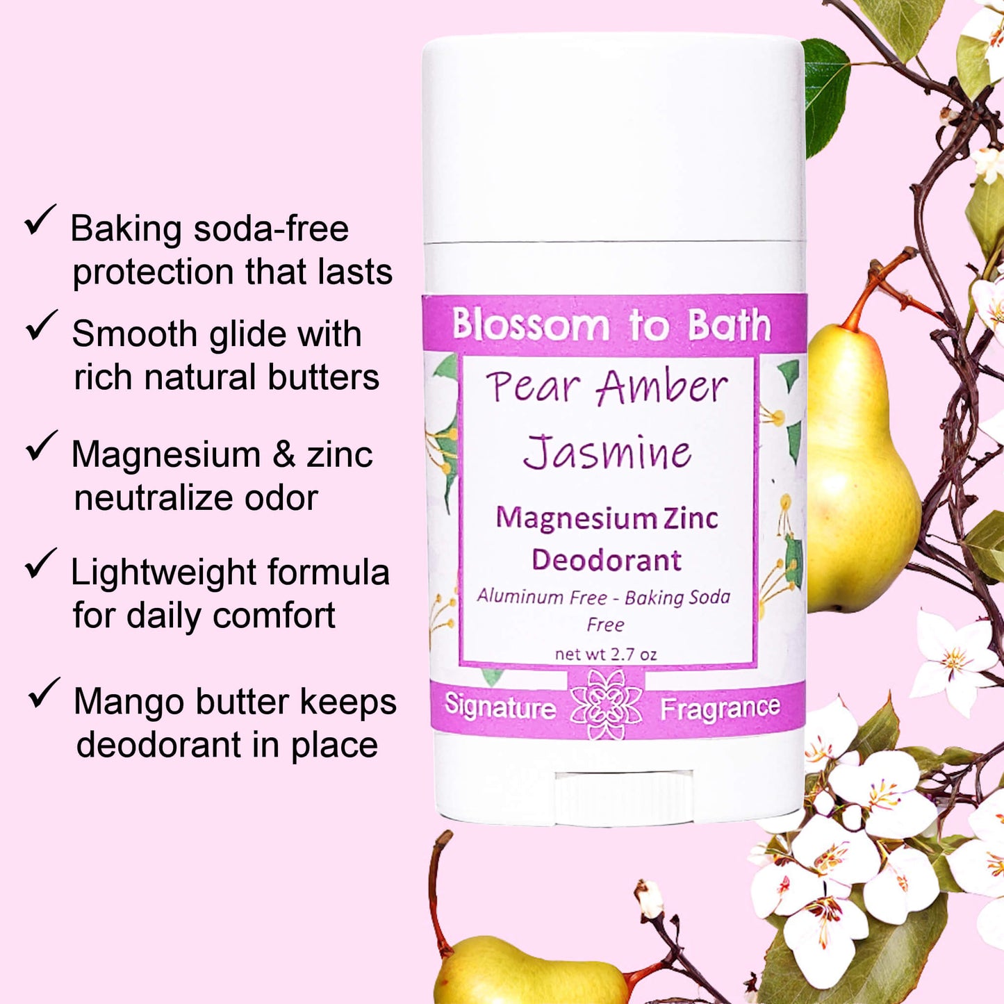 Pear Amber Jasmine Magnesium Zinc Deodorant (2.7 ounce) - Phthalate Free Fragrance