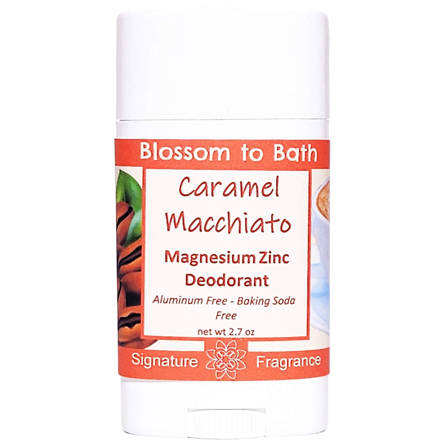 Buy Blossom to Bath Caramel Macchiato Magnesium Zinc Deodorant from Flowersong Soap Studio.   Natural Deodorant Protection with a Long Lasting Coffee and Caramel Scent Made from Pure Botanicals and Butters .  Luscious vanilla and warm rich caramel - a gourmet coffee experience with sweet caramel in a bed of vibrant coffee