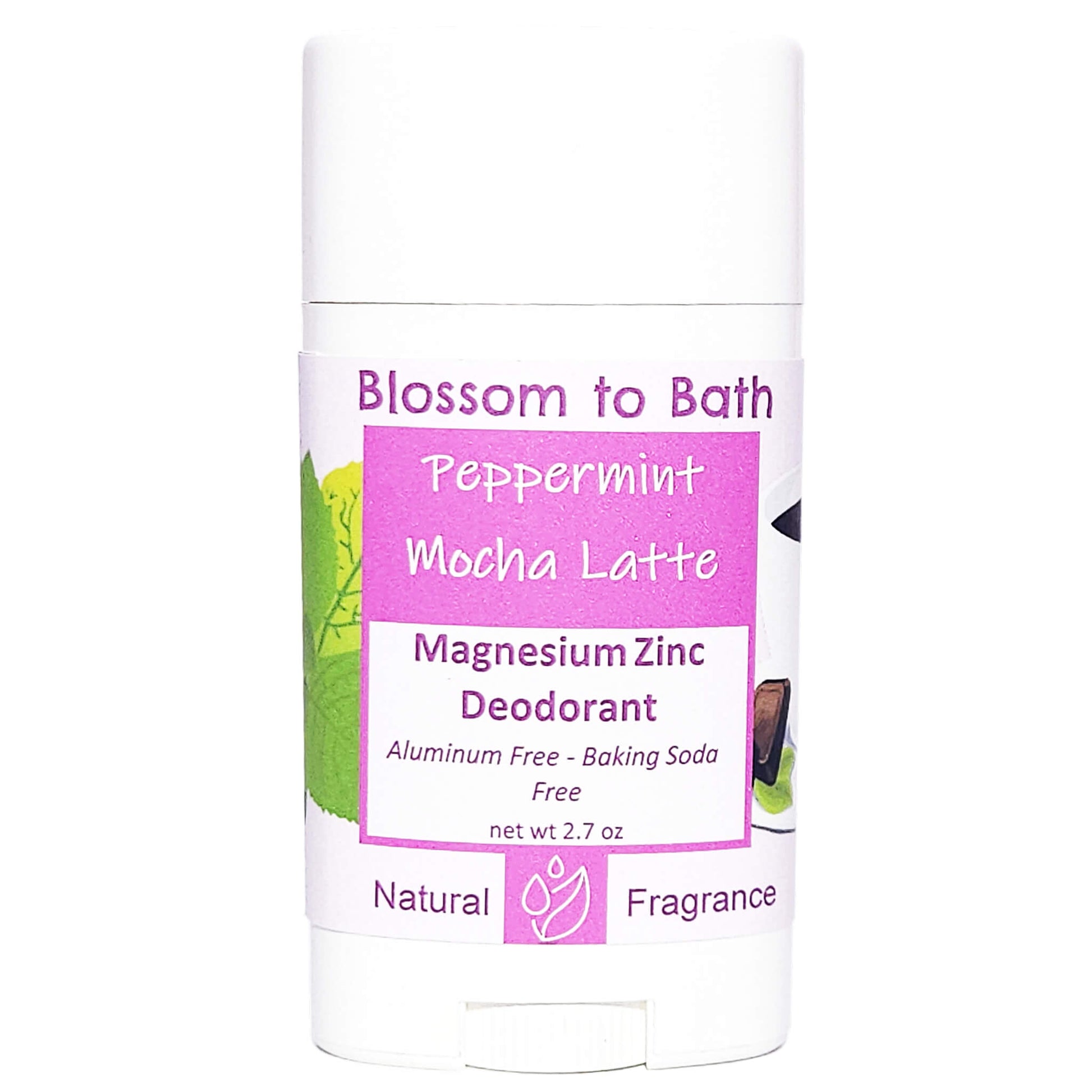 Buy Blossom to Bath Peppermint Mocha Latte Magnesium Zinc Deodorant from Flowersong Soap Studio.   Natural Deodorant Protection with a Long Lasting Peppermint and Chocolate Scent Made from Pure Botanicals and Butters .  Cool peppermint with bold coffee and rich chocolate fudge.