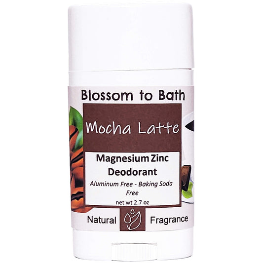 Buy Blossom to Bath Mocha Latte Magnesium Zinc Deodorant from Flowersong Soap Studio.   Natural Deodorant Protection with a Long Lasting Chocolate and Coffee Scent Made from Pure Botanicals and Butters .  Deep rich chocolate and fragrant coffee combine to form this gourmet coffee scent.
