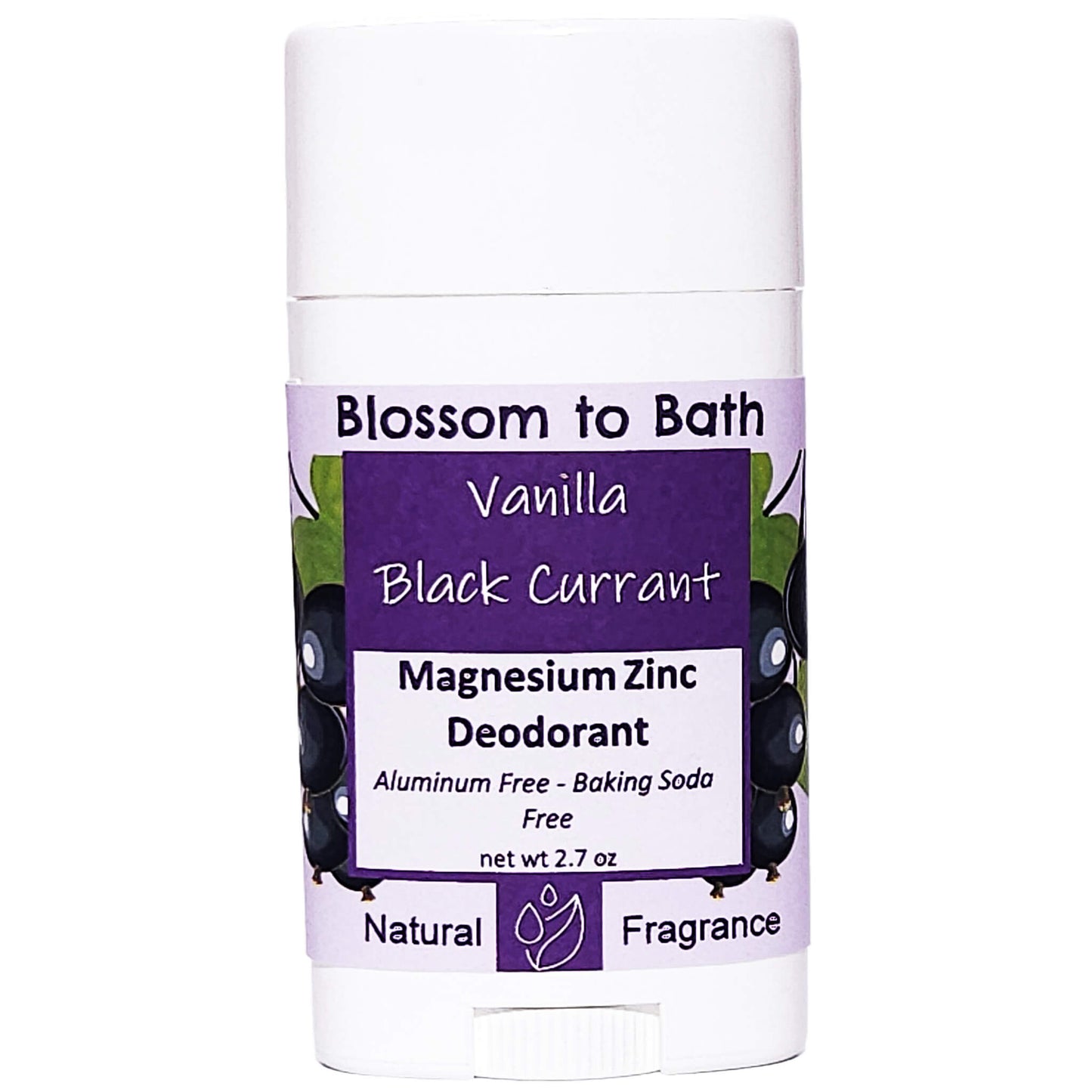 Buy Blossom to Bath Vanilla Black Currant Magnesium Zinc Deodorant from Flowersong Soap Studio.   Natural Deodorant Protection with a Long Lasting Deep Fruity Scent Made from Pure Botanicals and Butters .  A sensuous rich berry scent with a hint of vanilla and a twist of freshness.