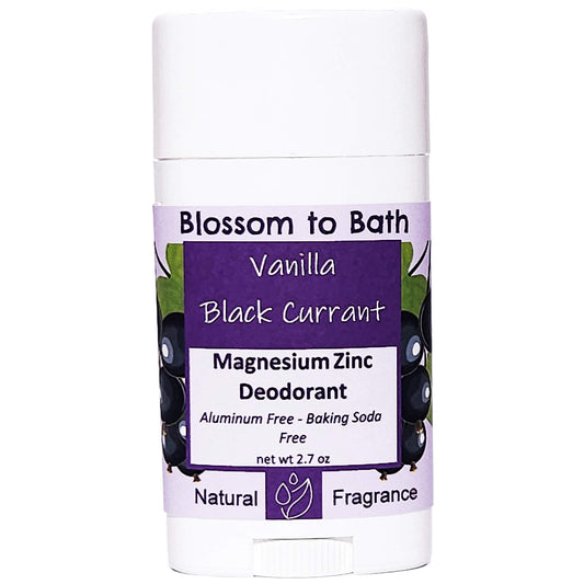 Buy Blossom to Bath Vanilla Black Currant Magnesium Zinc Deodorant from Flowersong Soap Studio.   Natural Deodorant Protection with a Long Lasting Deep Fruity Scent Made from Pure Botanicals and Butters .  A sensuous rich berry scent with a hint of vanilla and a twist of freshness.
