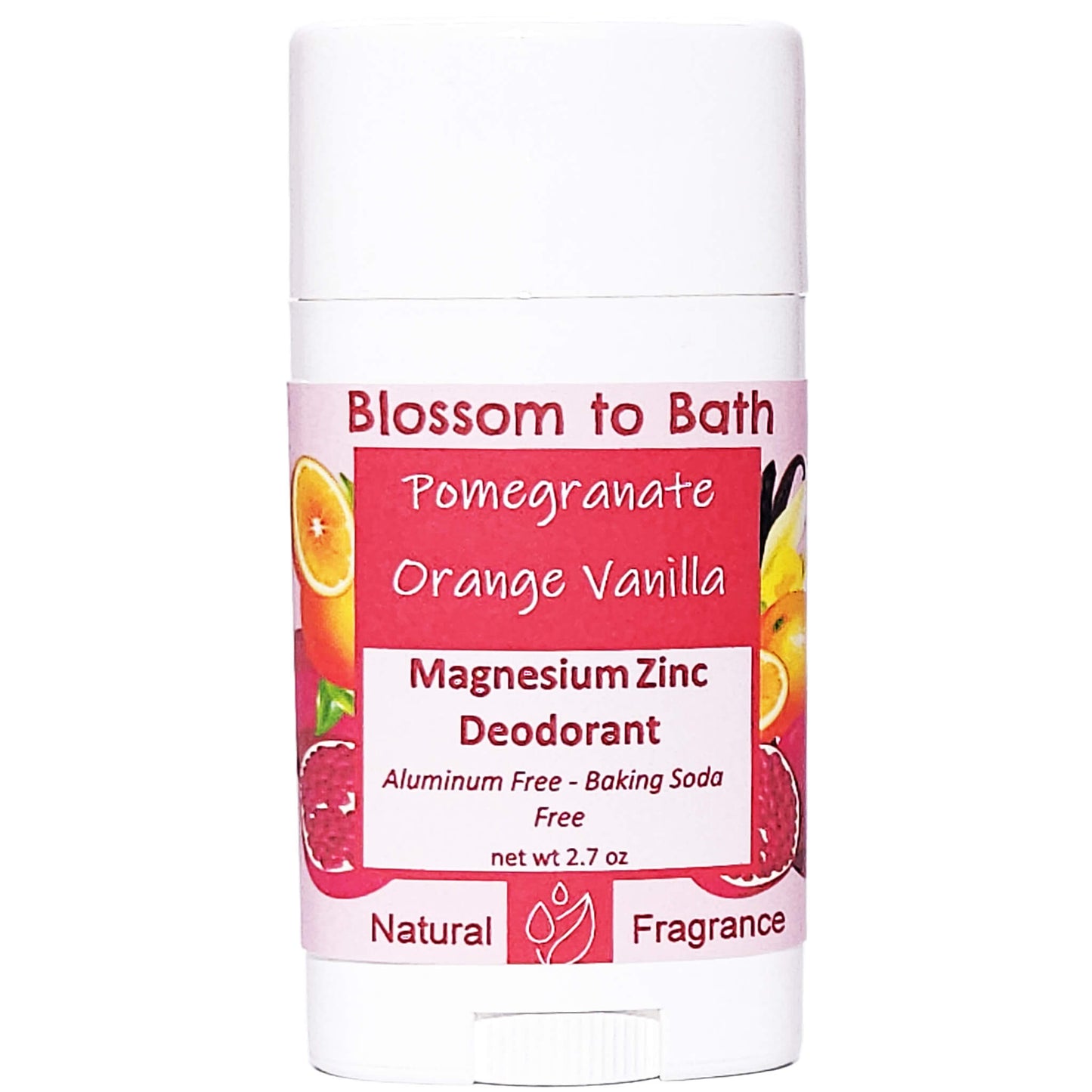 Buy Blossom to Bath Pomegranate Orange Vanilla Magnesium Zinc Deodorant from Flowersong Soap Studio.   Natural Deodorant Protection with a Long Lasting Rich Sweet Fruit Scent Made from Pure Botanicals and Butters .  A luxurious blend of deep pomegranate tones, zesty orange, and creamy vanilla.