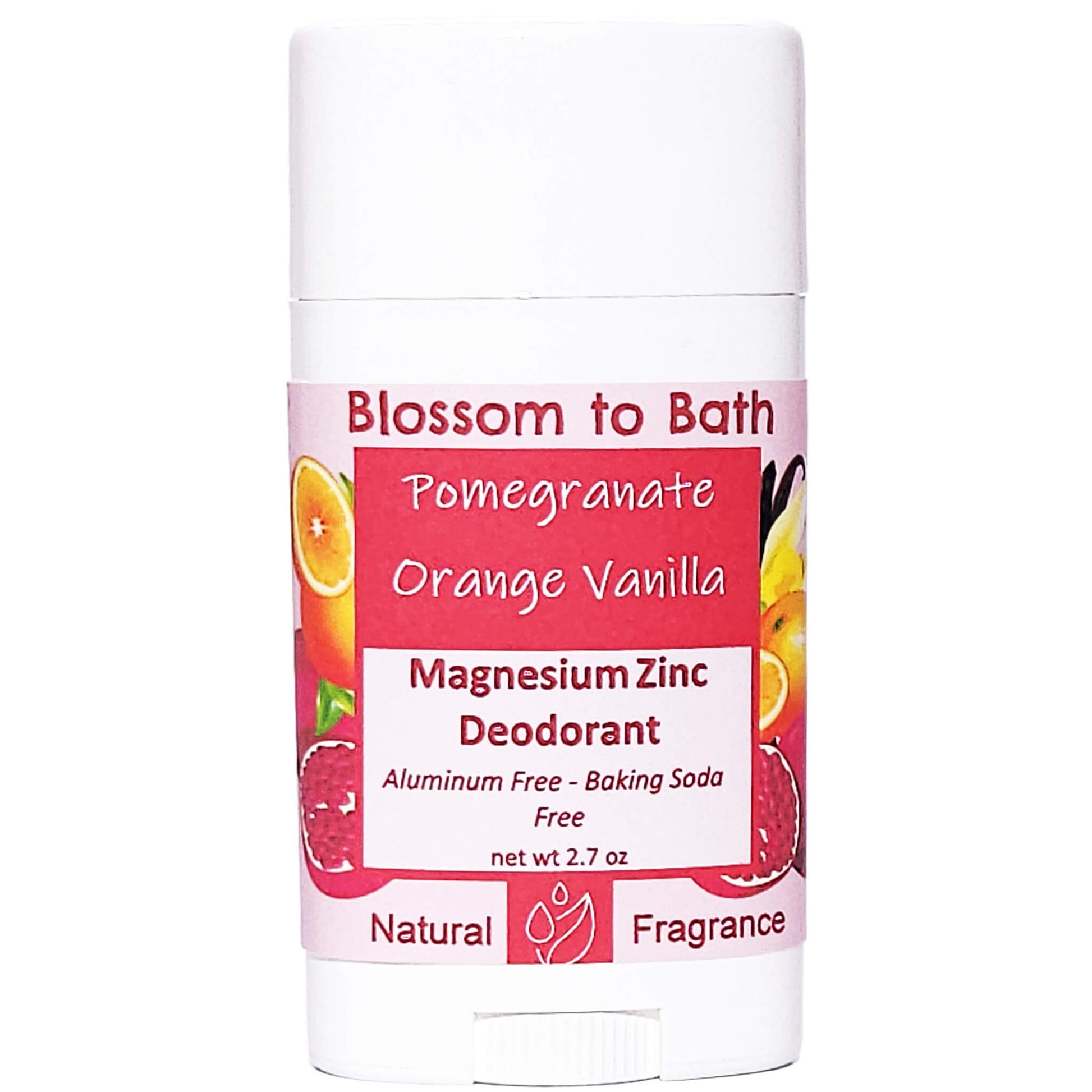Buy Blossom to Bath Pomegranate Orange Vanilla Magnesium Zinc Deodorant from Flowersong Soap Studio.   Natural Deodorant Protection with a Long Lasting Rich Sweet Fruit Scent Made from Pure Botanicals and Butters .  A luxurious blend of deep pomegranate tones, zesty orange, and creamy vanilla.